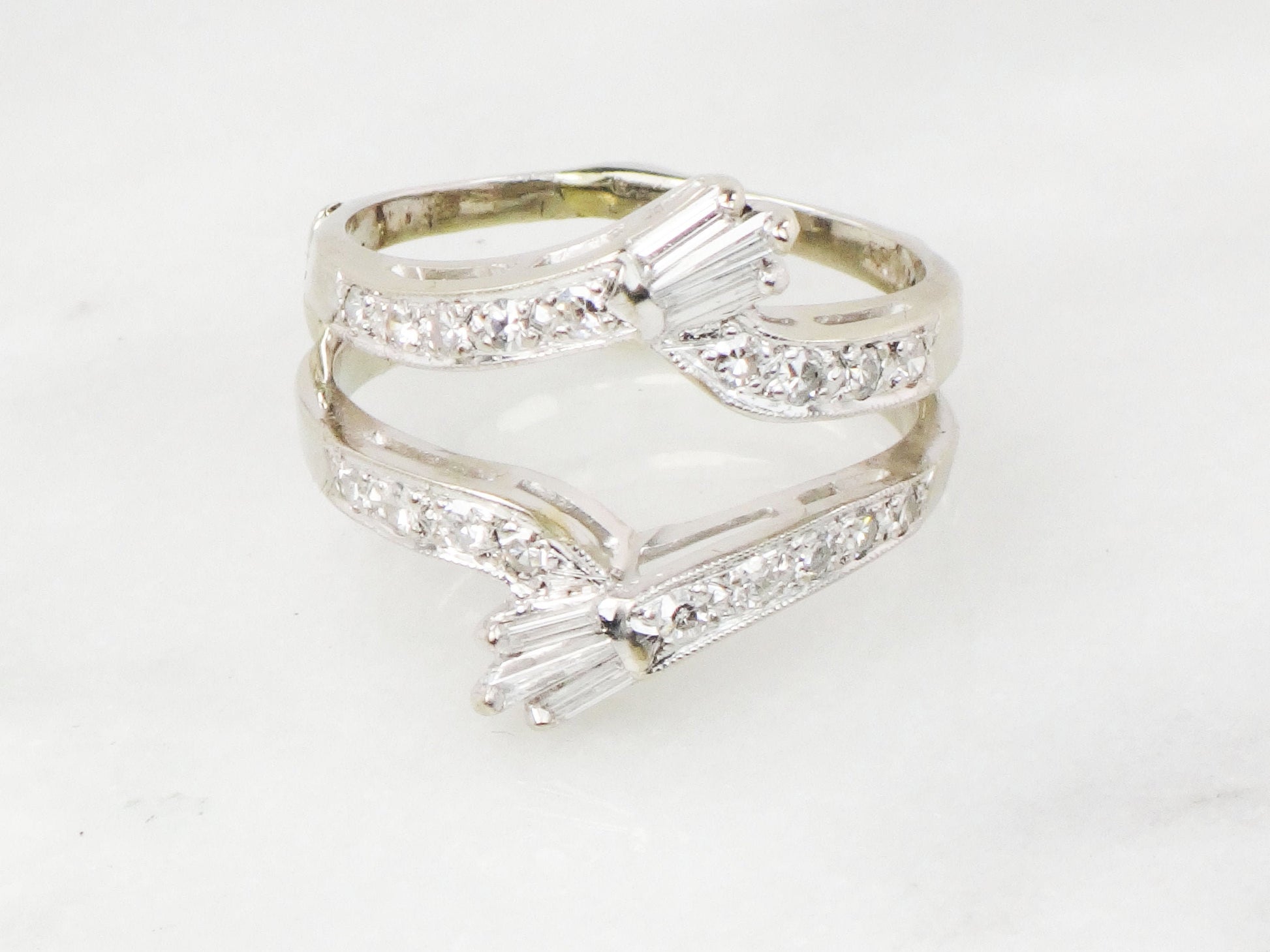 Vintage Freeman 14k White Gold Diamond Insert Ring: Baguette & Round Cut Wedding Band
