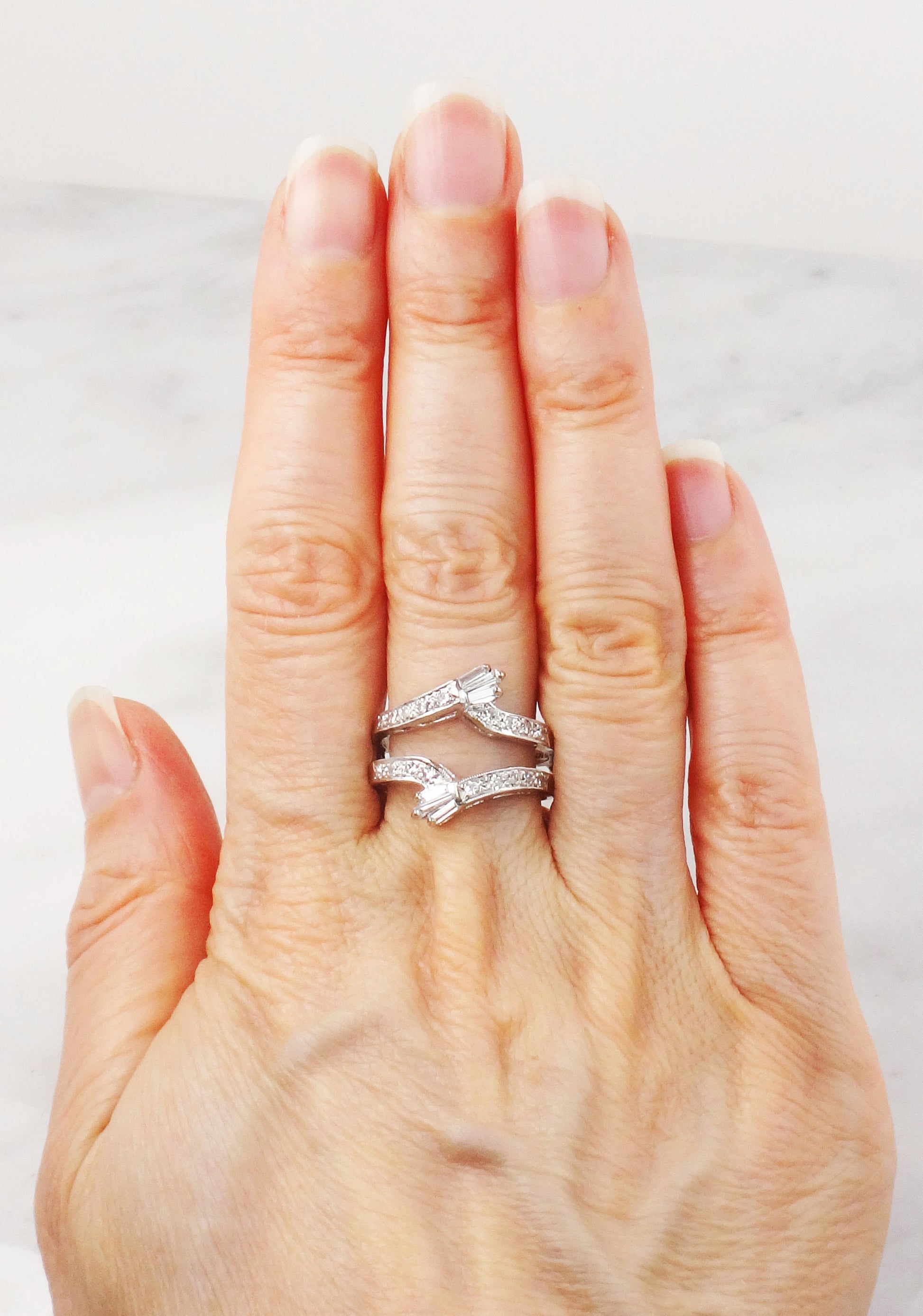 Vintage Freeman 14k White Gold Diamond Insert Ring: Baguette & Round Cut Wedding Band