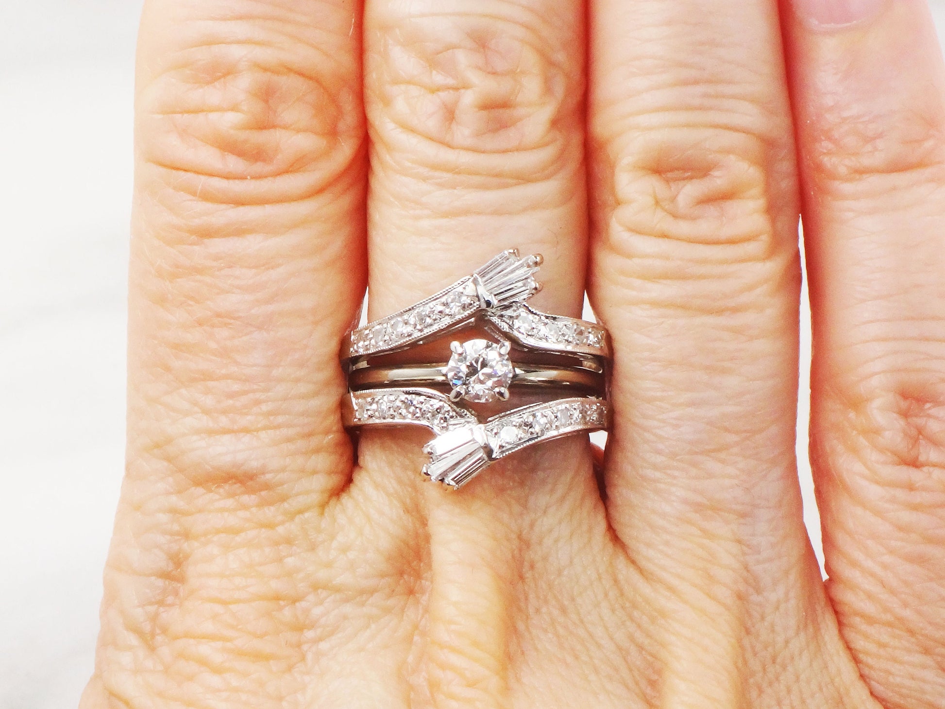 Vintage Freeman 14k White Gold Diamond Insert Ring: Baguette & Round Cut Wedding Band