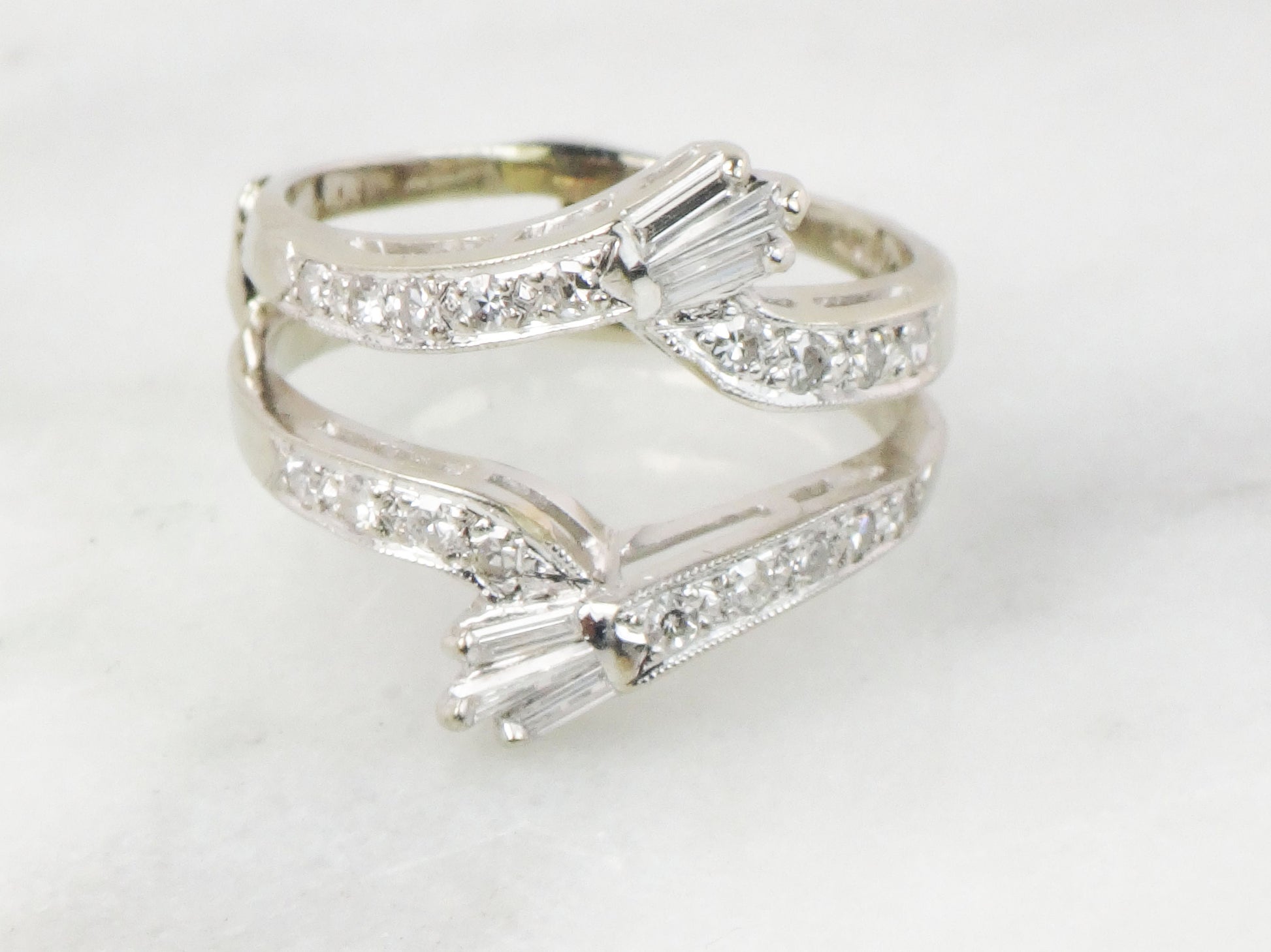 Vintage Freeman 14k White Gold Diamond Insert Ring: Baguette & Round Cut Wedding Band