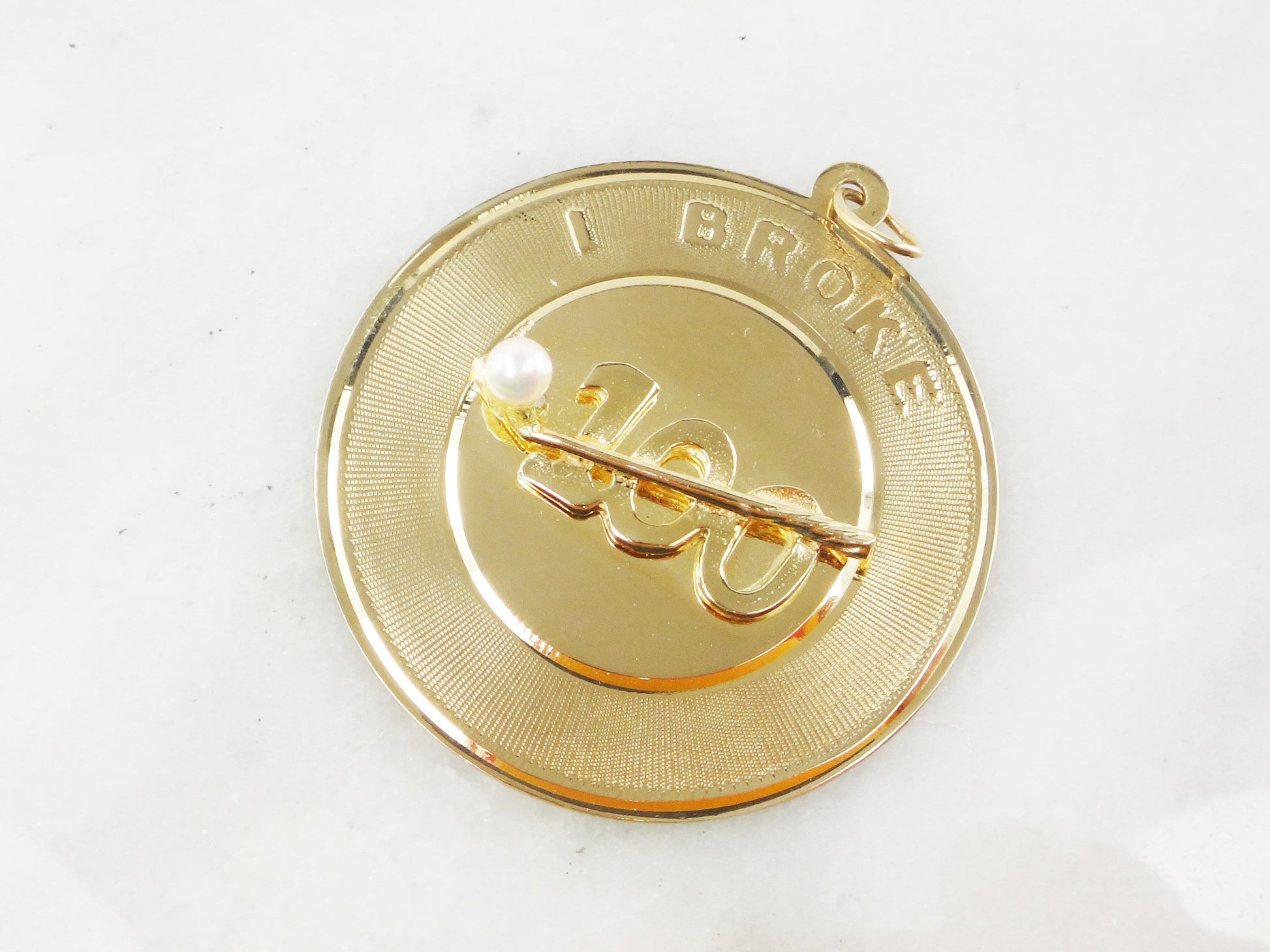 Vintage 14k Yellow Gold "I Broke 100" Golf Pearl Pendant: Charm