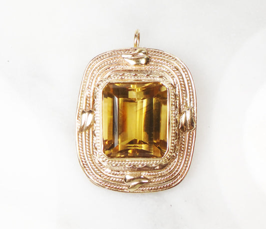 Vintage 14k Yellow Gold Large Rectangle Cut Natural Citrine Pendant Pin