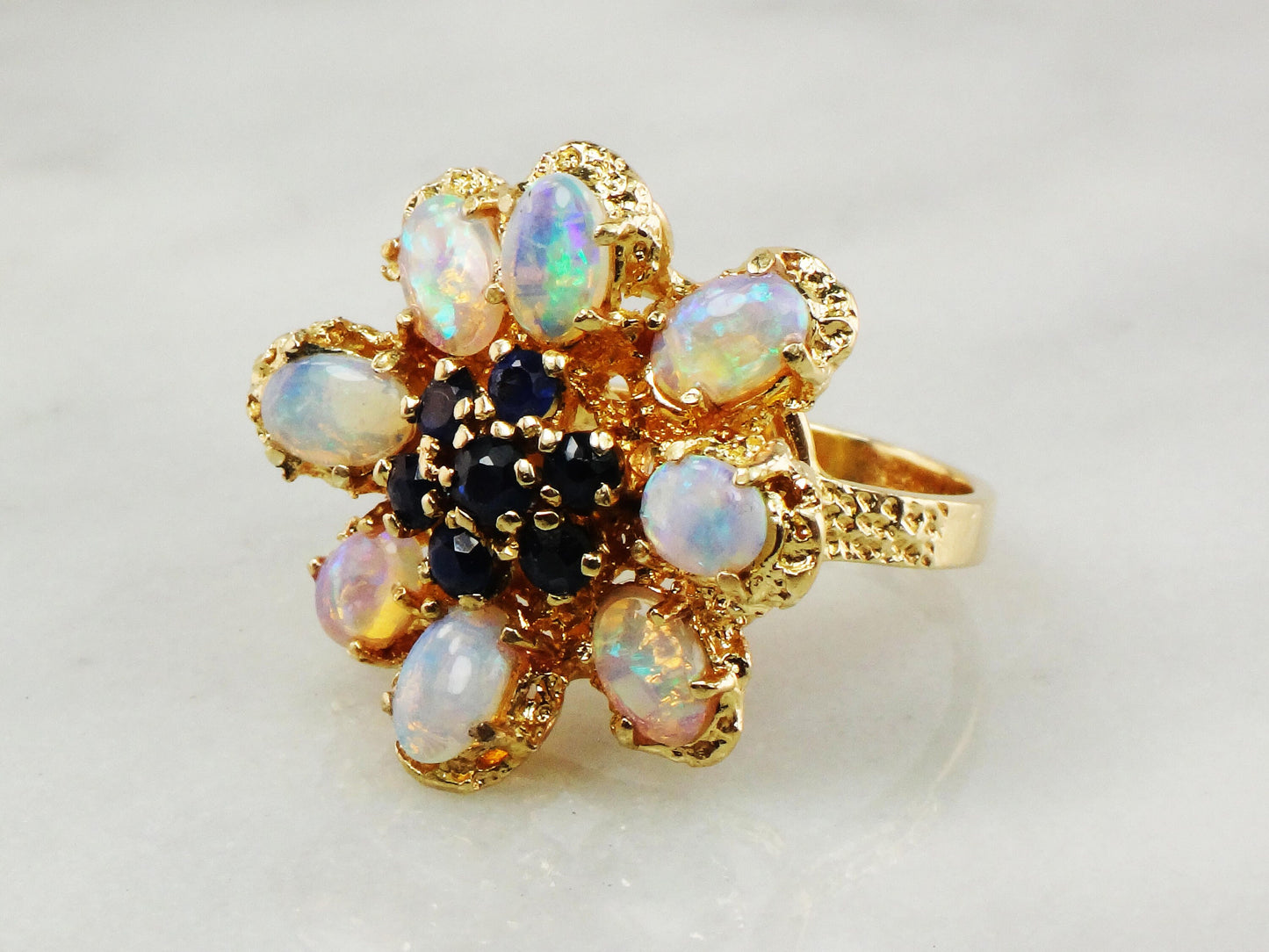 Vintage 14k Yellow Gold Natural Opal and Sapphire Cluster Ring - Floral Fiery Opal Ring - October Birthstone Size 6.5