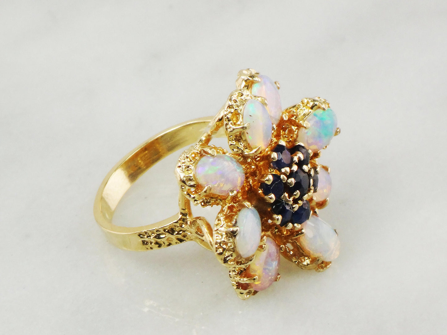 Vintage 14k Yellow Gold Natural Opal and Sapphire Cluster Ring - Floral Fiery Opal Ring - October Birthstone Size 6.5