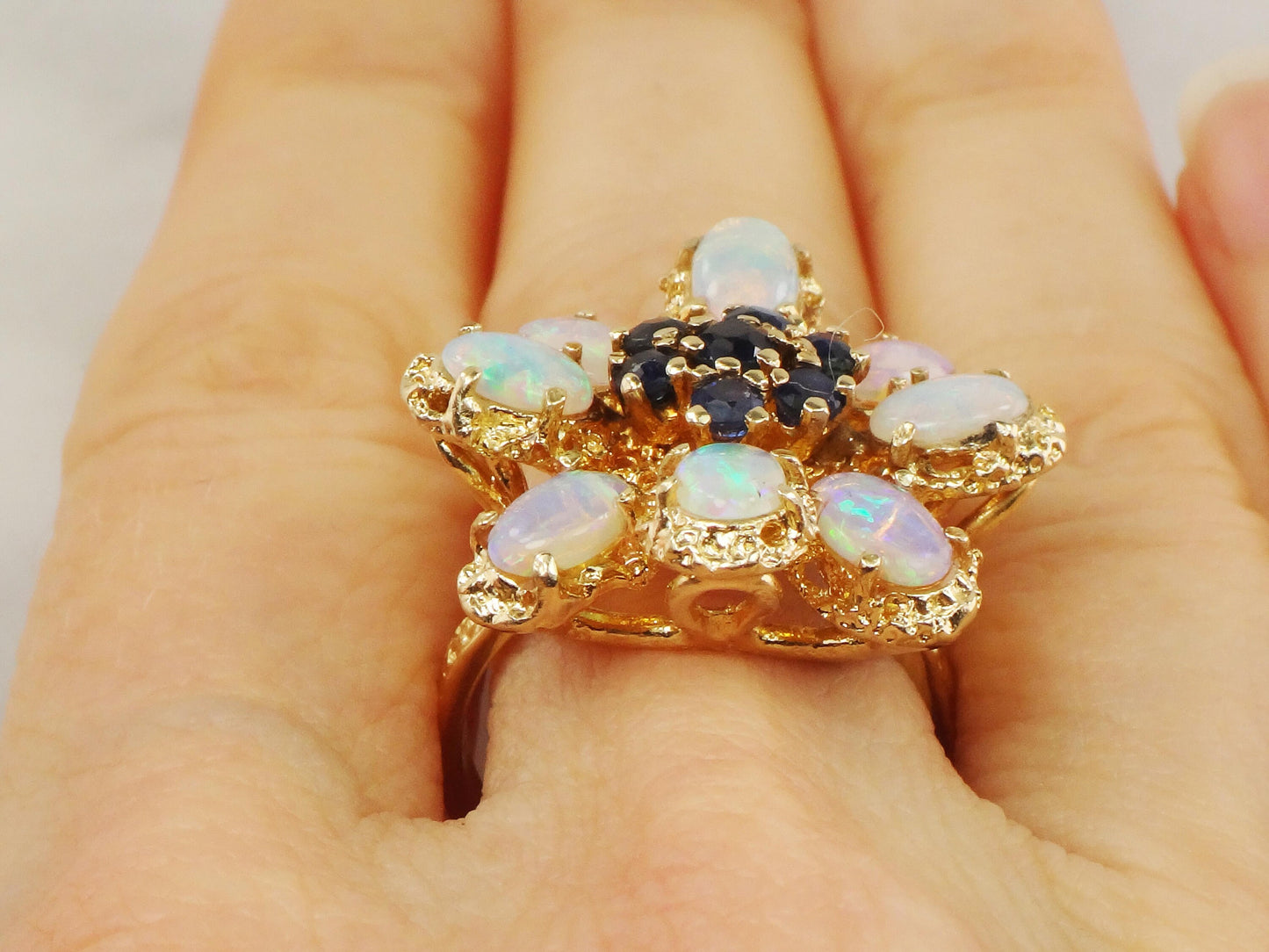 Vintage 14k Yellow Gold Natural Opal and Sapphire Cluster Ring - Floral Fiery Opal Ring - October Birthstone Size 6.5