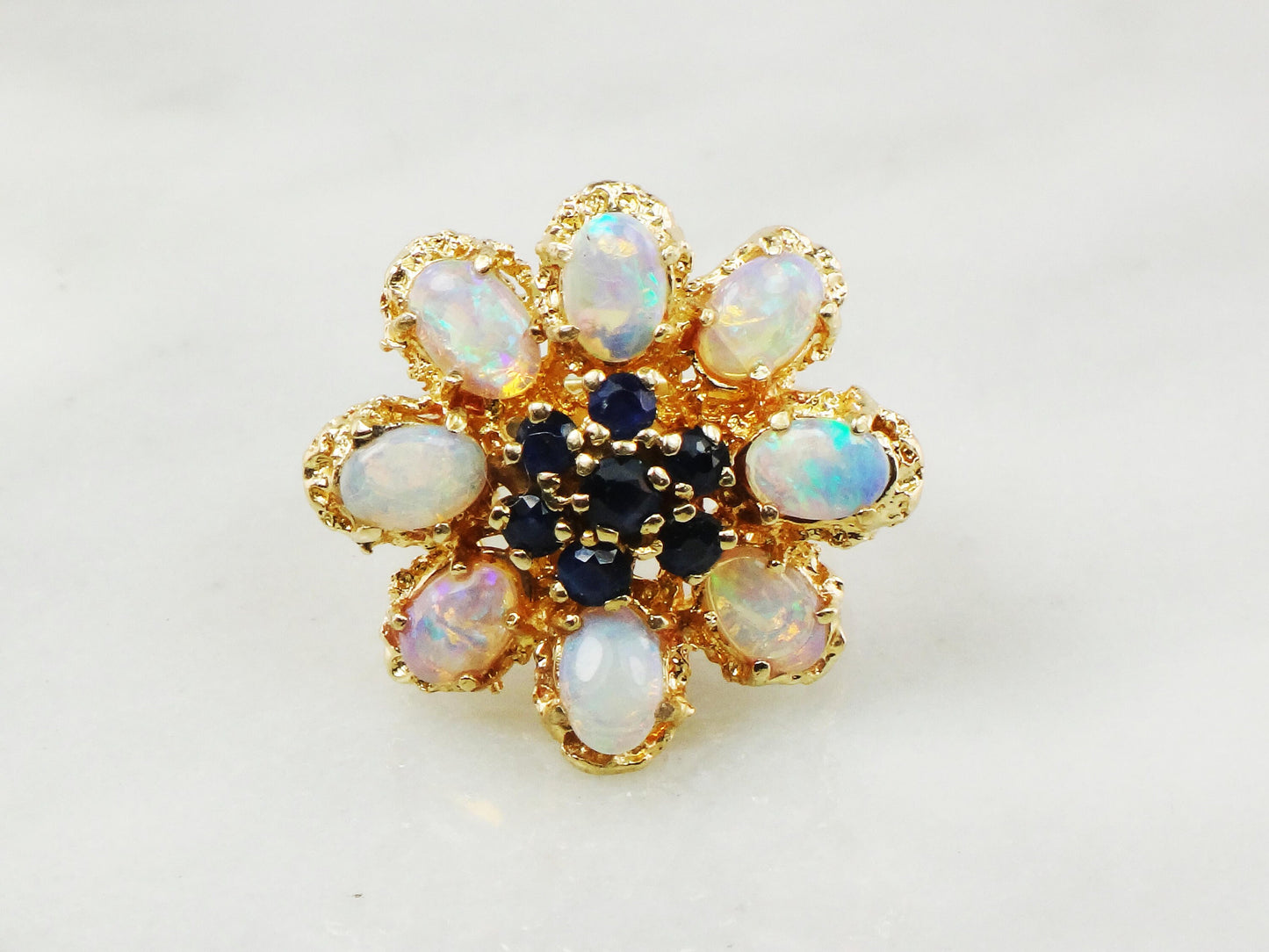Vintage 14k Yellow Gold Natural Opal and Sapphire Cluster Ring - Floral Fiery Opal Ring - October Birthstone Size 6.5