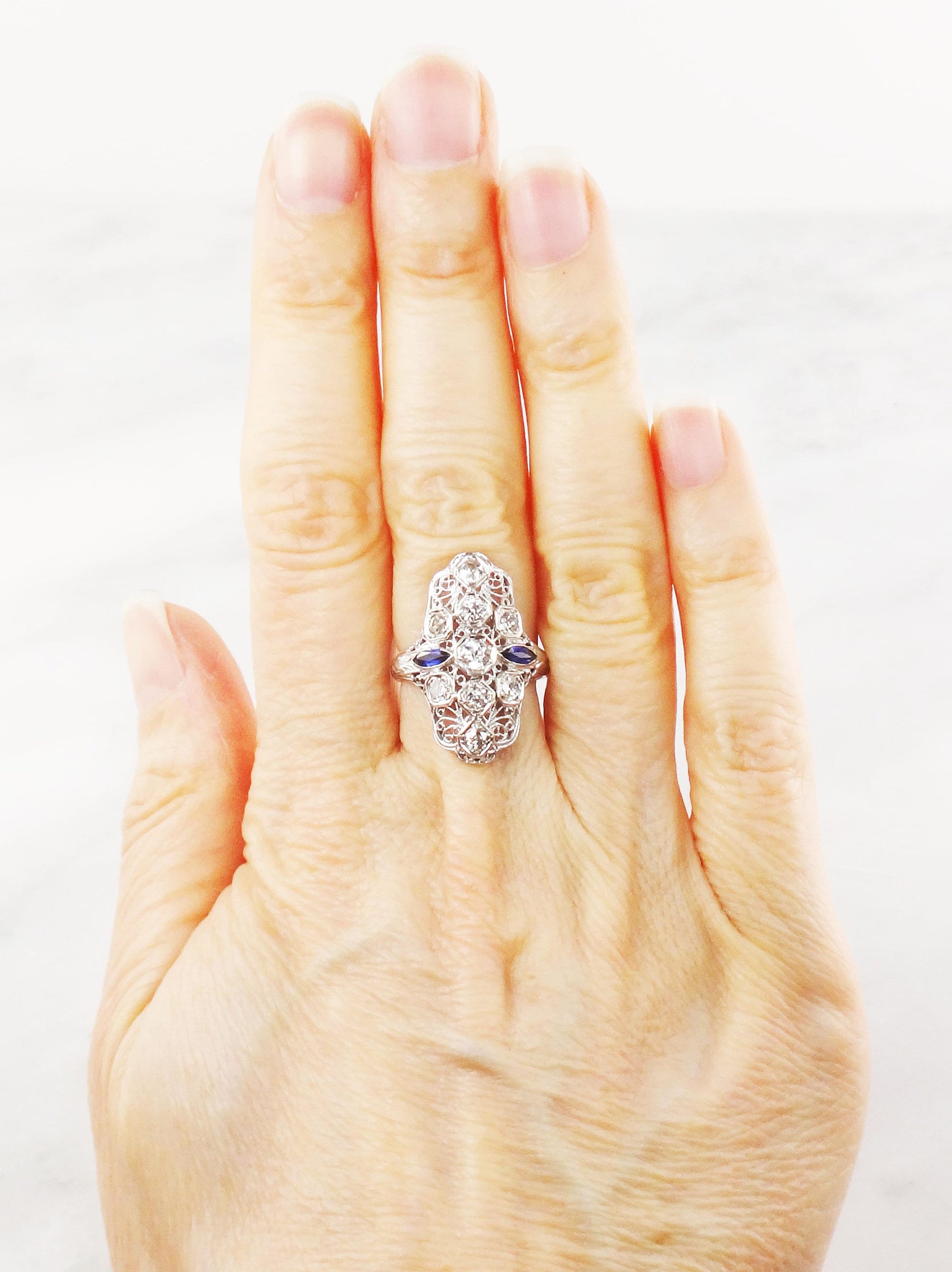 Art Deco Diamond Ring: 18k White Gold Filigree, Sapphire Accents