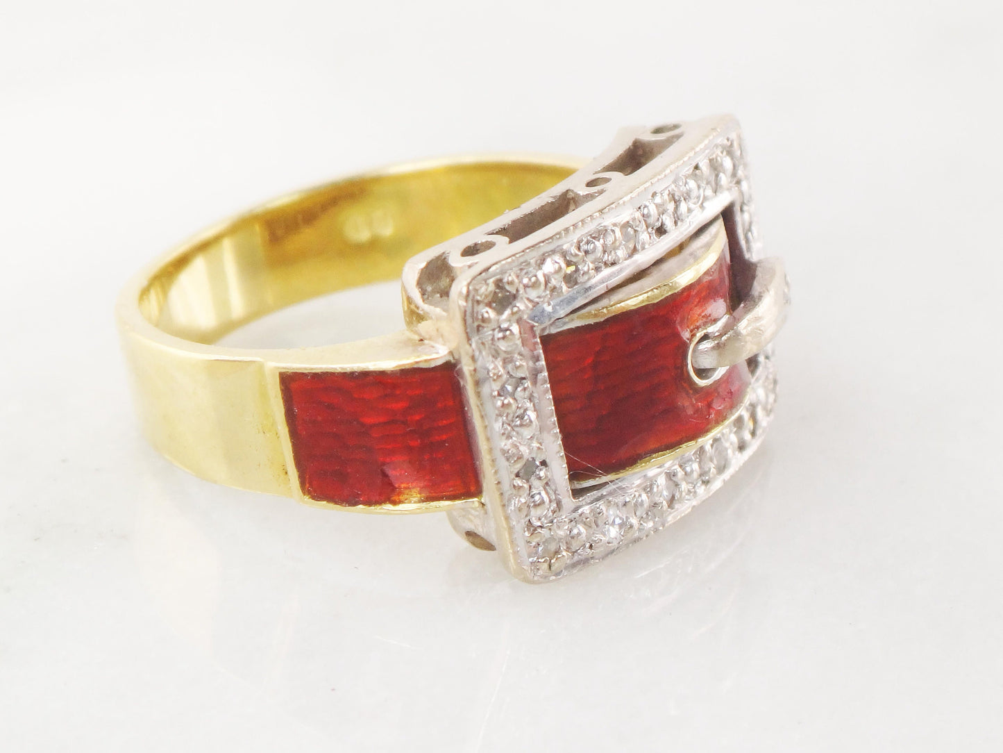 Vintage 18k Gold Diamond Buckle Ring with Red Enamel Hallmarked London England Buckle Wedding Band Wedding Ring Size 5.5