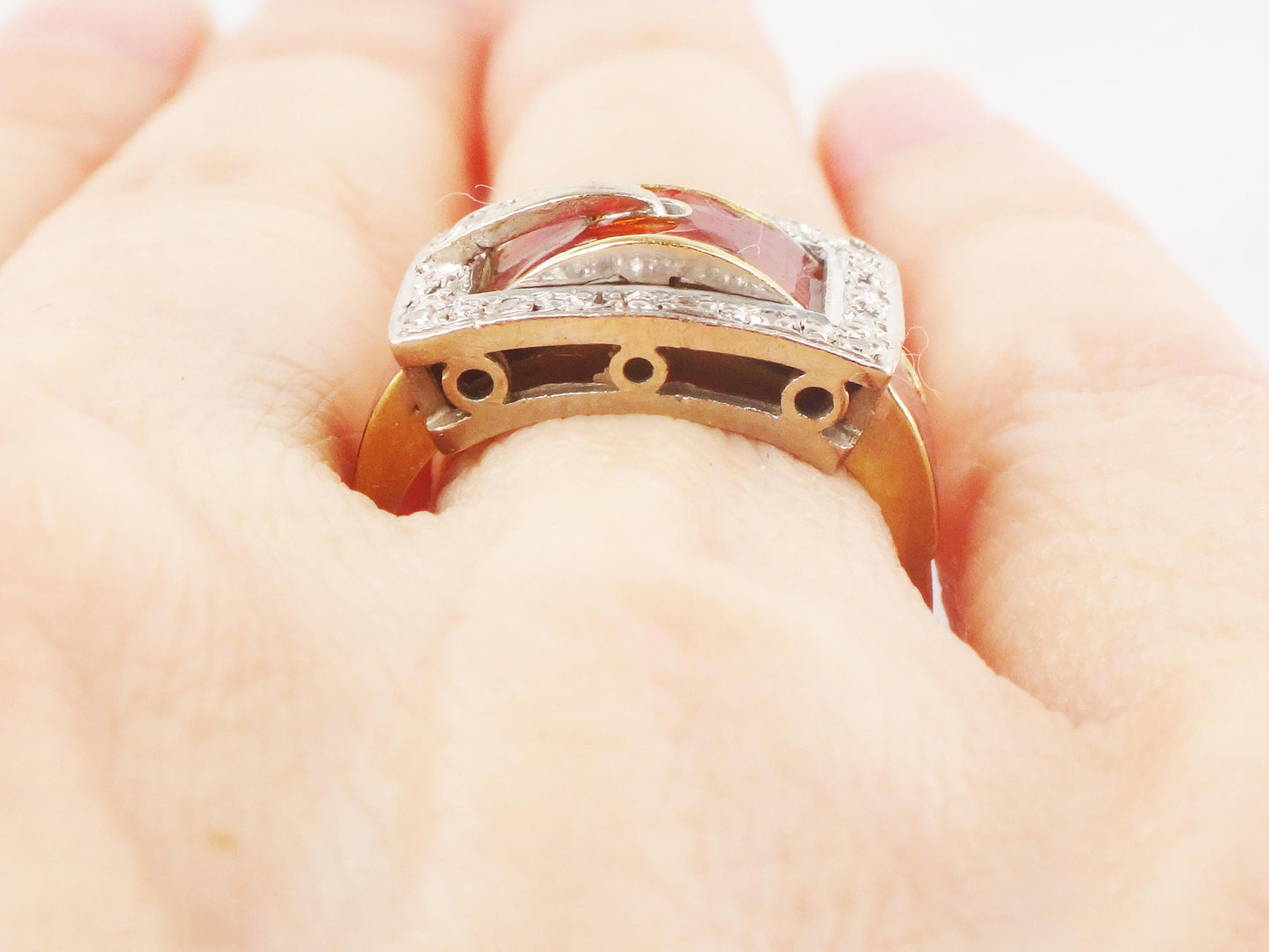 Vintage 18k Gold Diamond Buckle Ring with Red Enamel Hallmarked London England Buckle Wedding Band Wedding Ring Size 5.5
