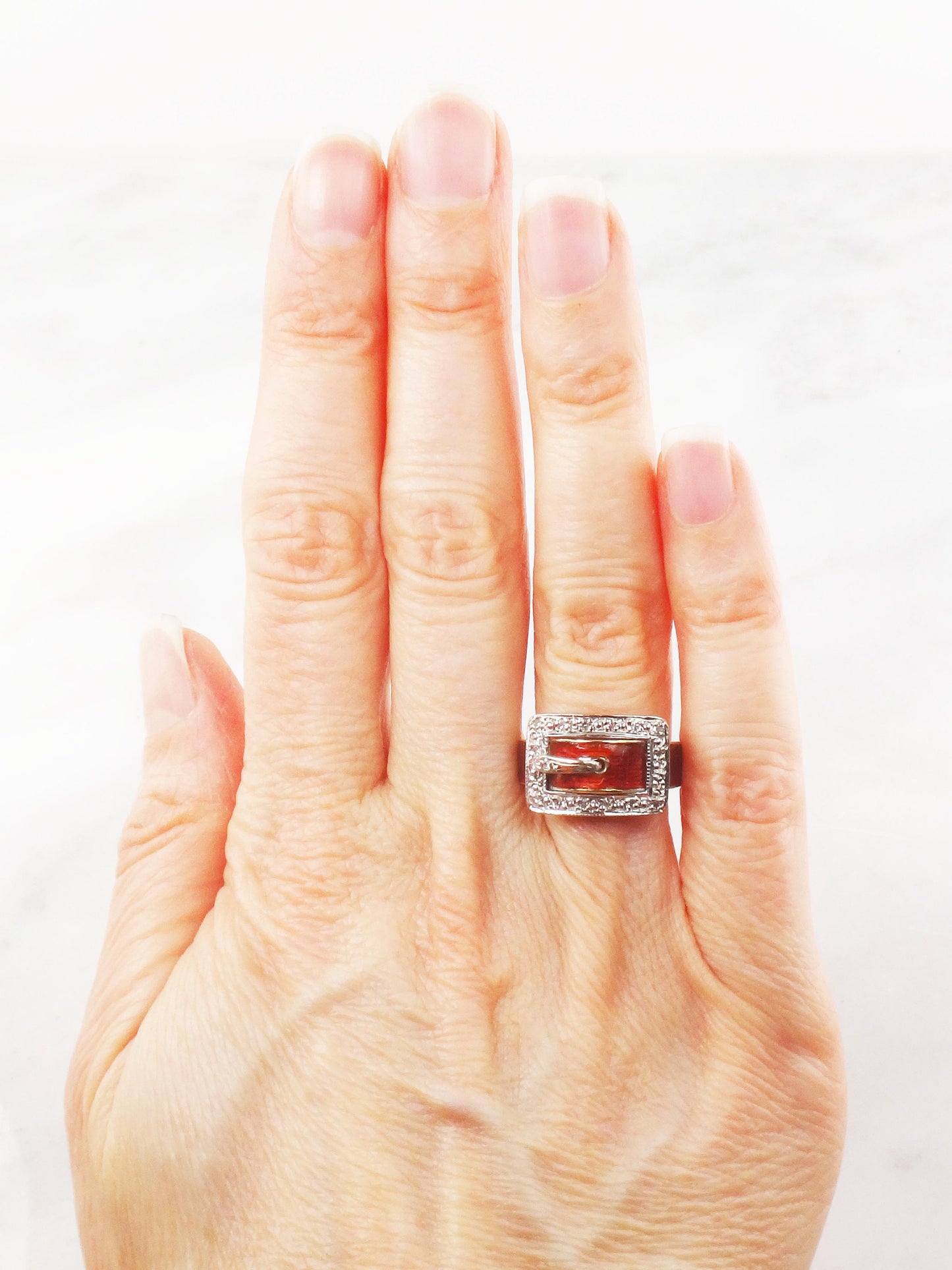 Vintage 18k Gold Diamond Buckle Ring: Red Enamel Wedding Band, Size 5.5