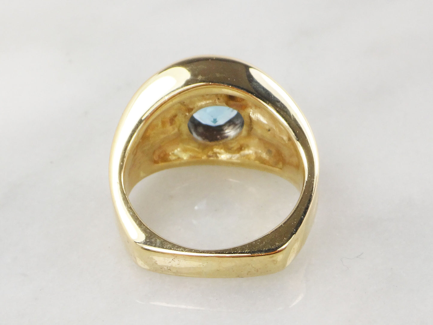 Vintage Wide 14k Yellow Gold Blue Topaz Ring December Birthstone Ring Solid Gold Cigar Band Ring
