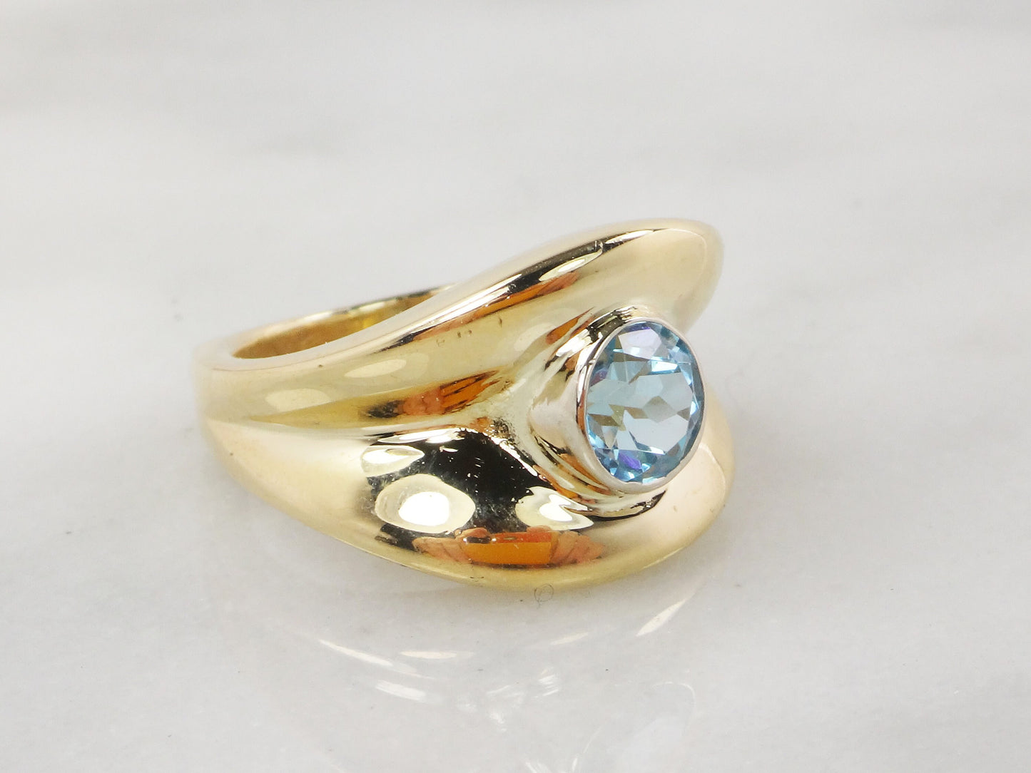 Vintage Wide 14k Yellow Gold Blue Topaz Ring December Birthstone Ring Solid Gold Cigar Band Ring