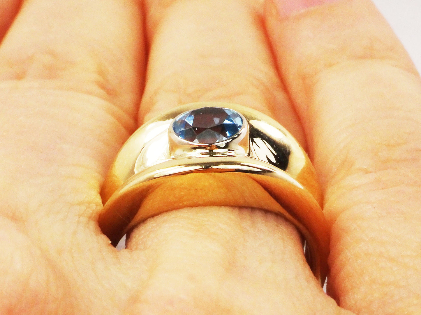 Vintage Wide 14k Yellow Gold Blue Topaz Ring December Birthstone Ring Solid Gold Cigar Band Ring