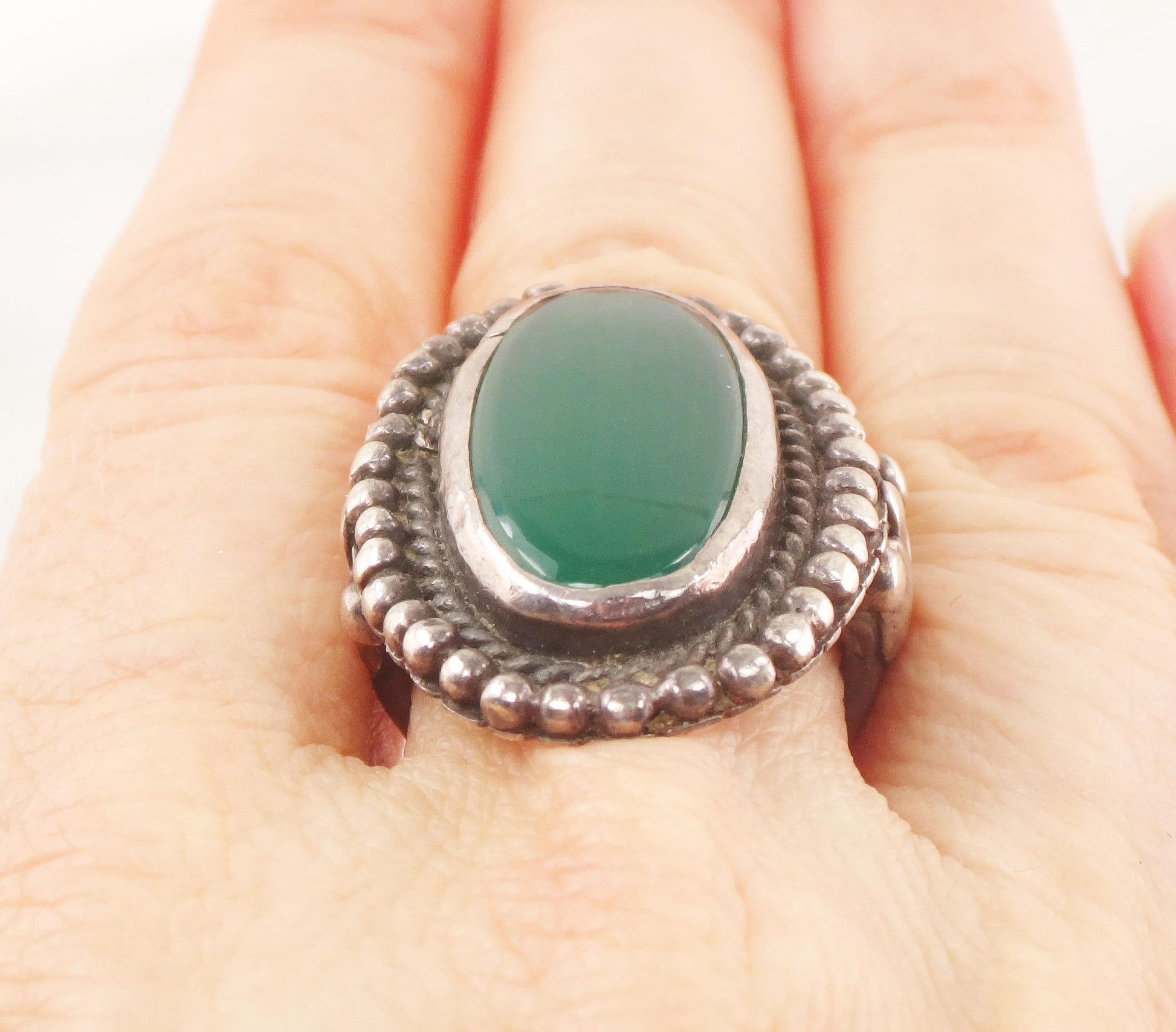Vintage Sterling Silver Green Glass Ring - Size 5 1/2