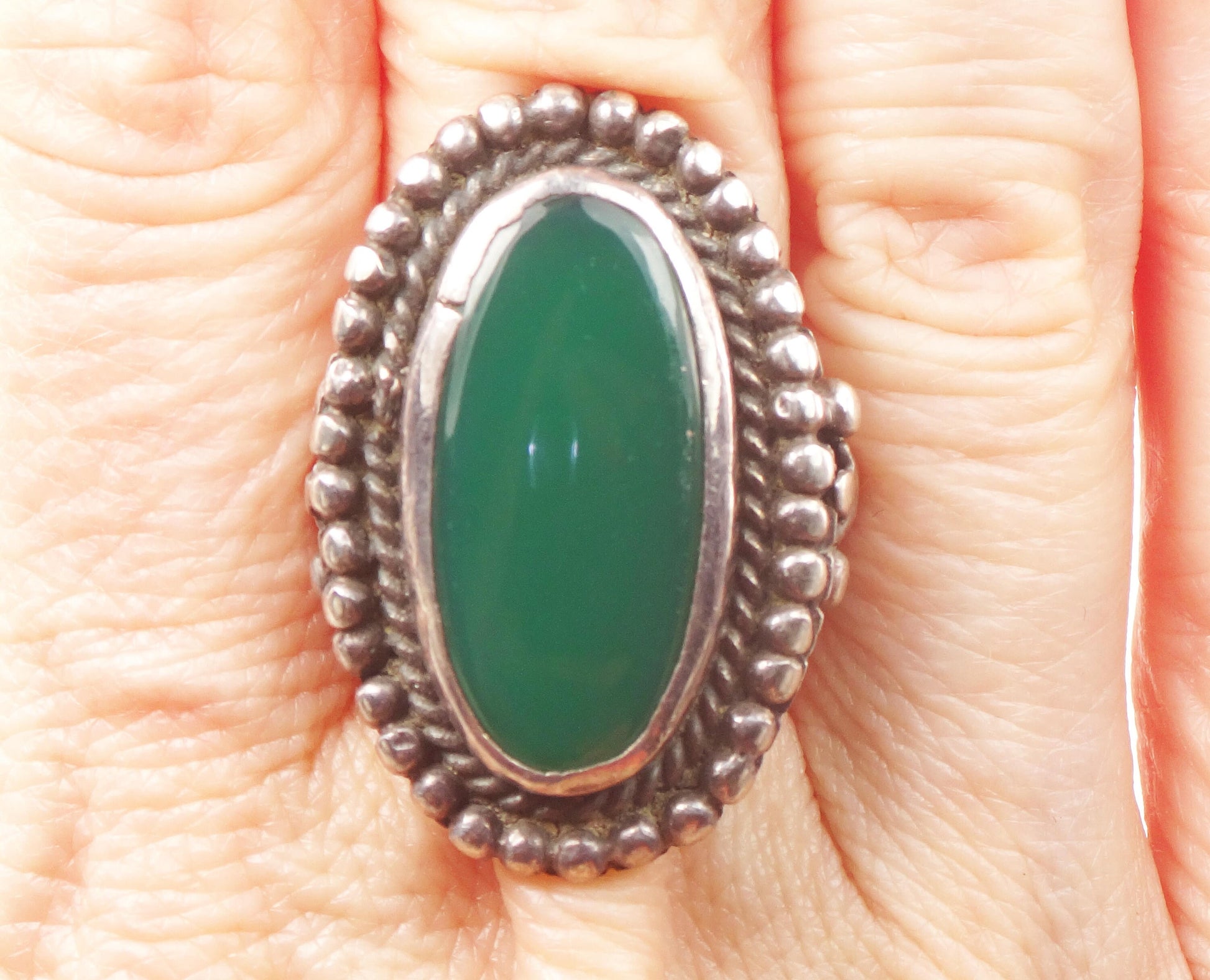 Vintage Sterling Silver Green Glass Ring - Size 5 1/2