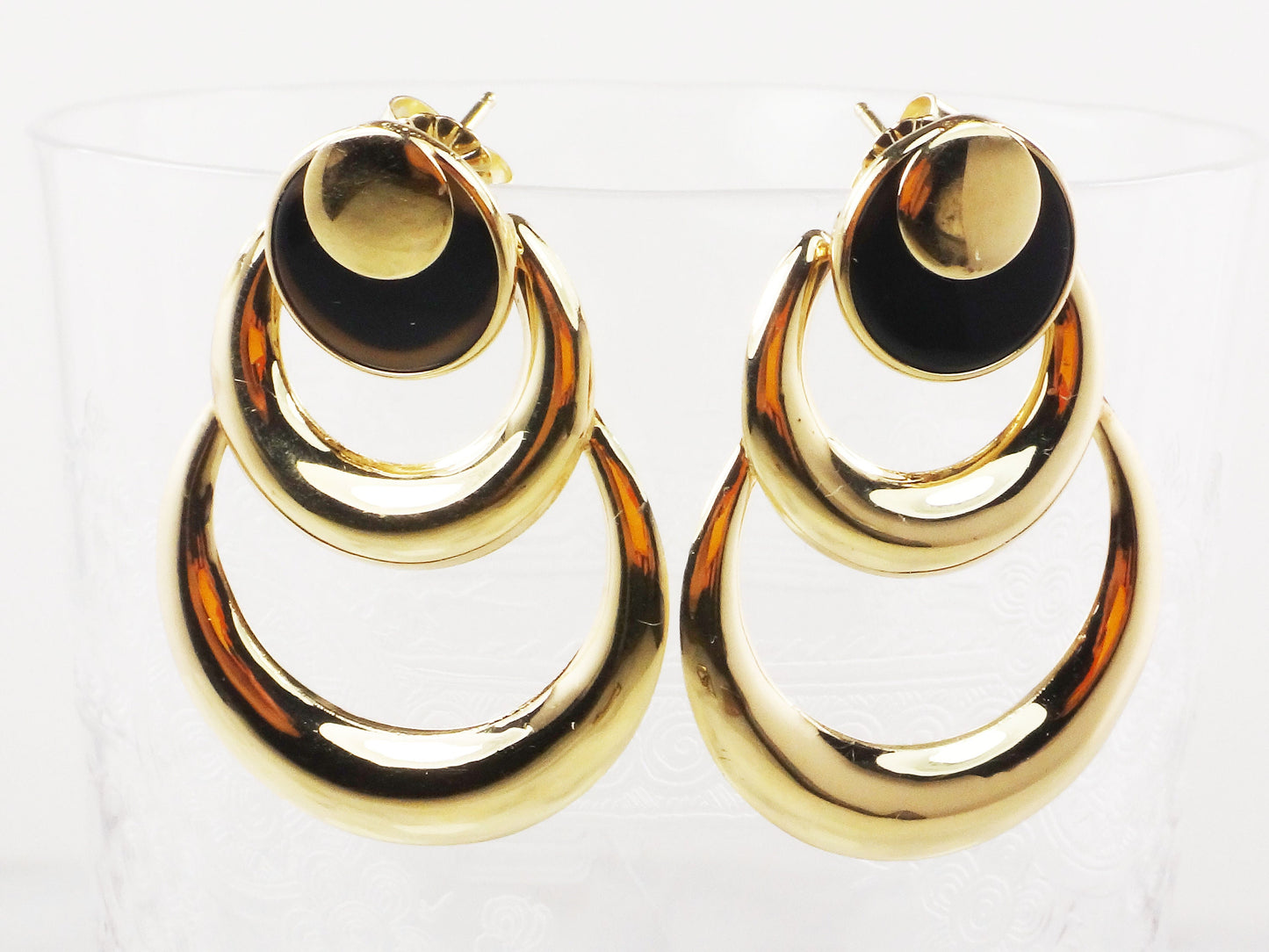 Large 14k Yellow Gold Circles and Onyx Dangle Earrings - Vintage Circa 1980's Fine Jewelry