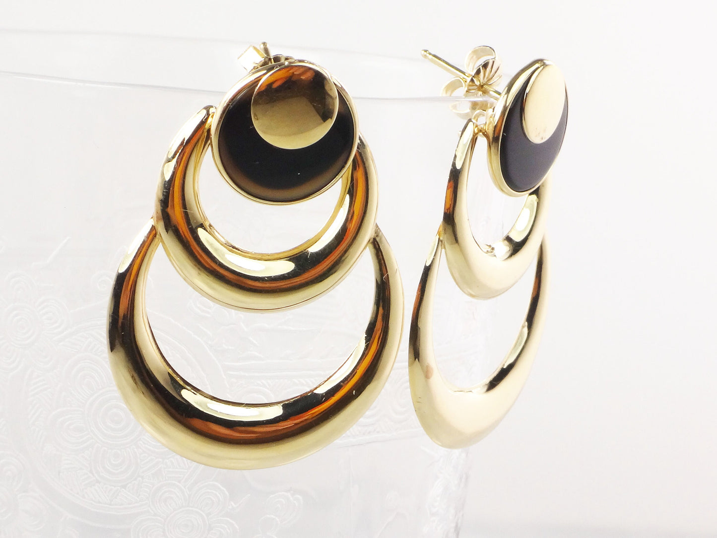 Large 14k Yellow Gold Circles and Onyx Dangle Earrings - Vintage Circa 1980's Fine Jewelry