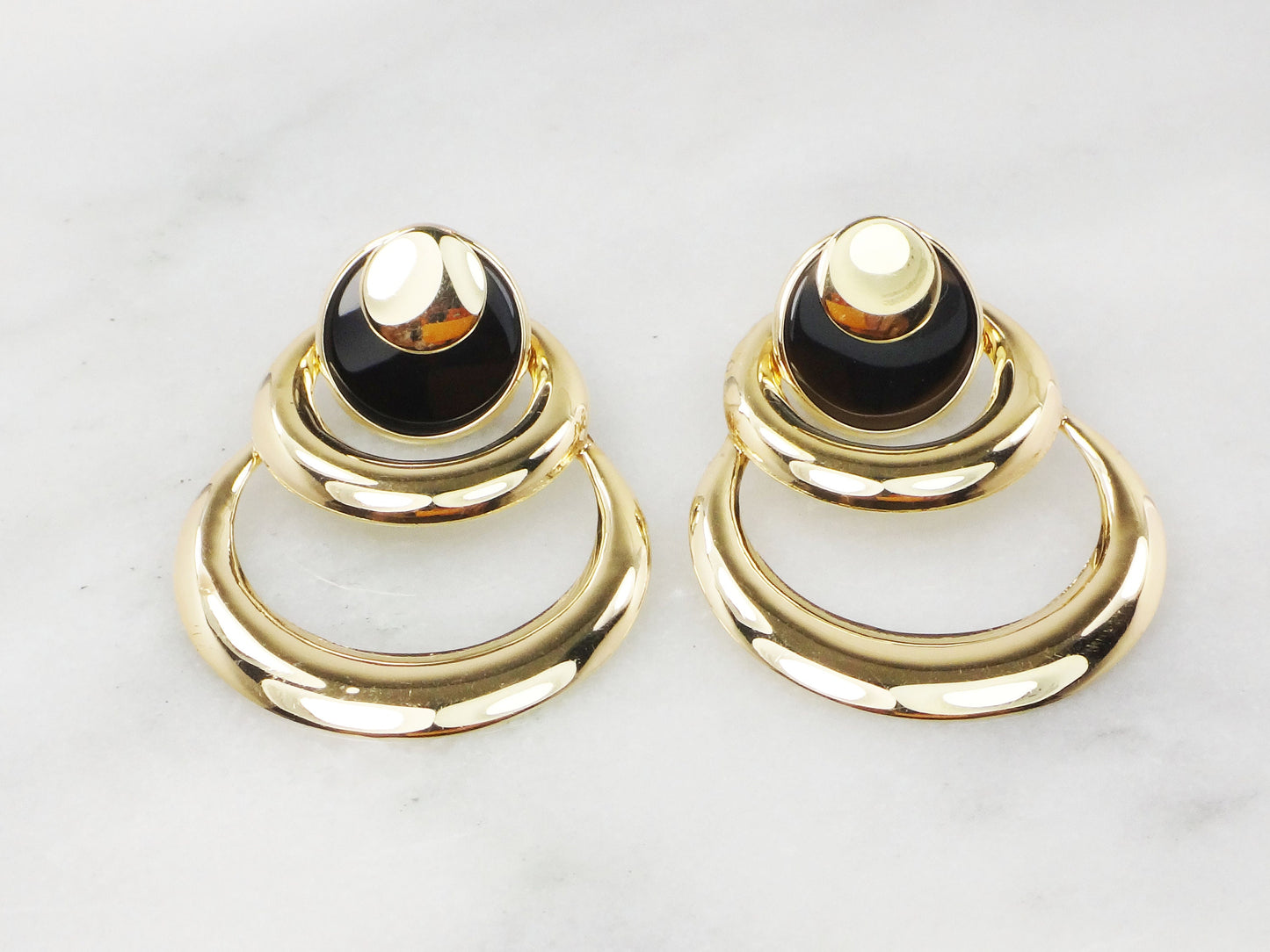 Large 14k Yellow Gold Circles and Onyx Dangle Earrings - Vintage Circa 1980's Fine Jewelry