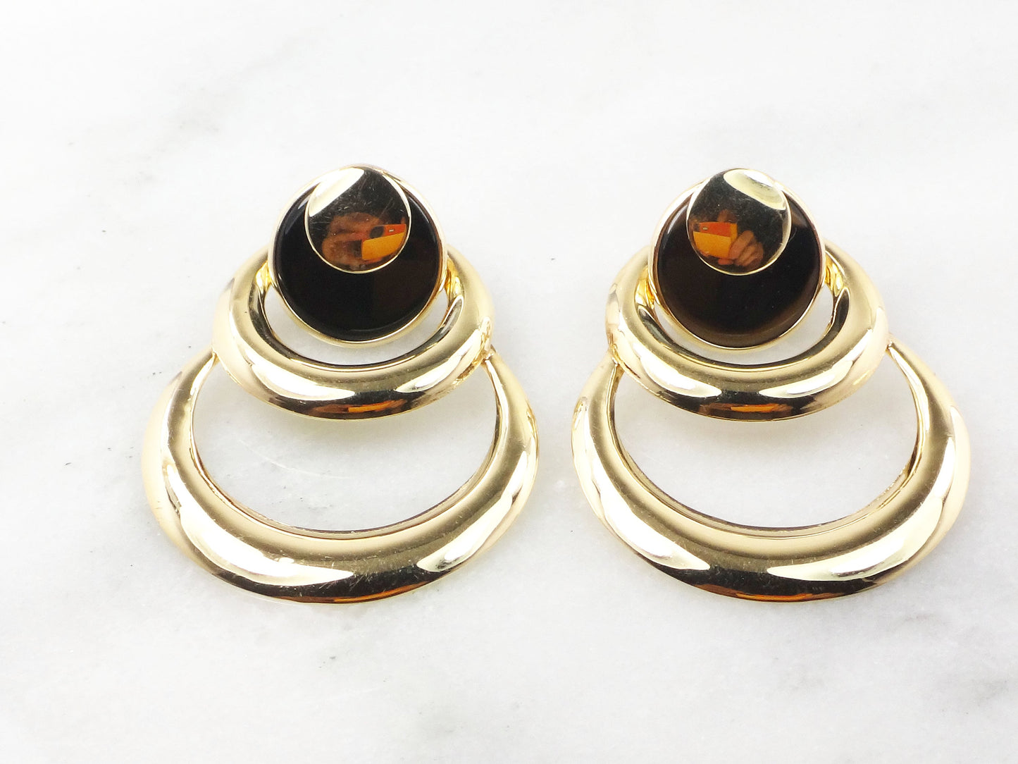 Large 14k Yellow Gold Circles and Onyx Dangle Earrings - Vintage Circa 1980's Fine Jewelry
