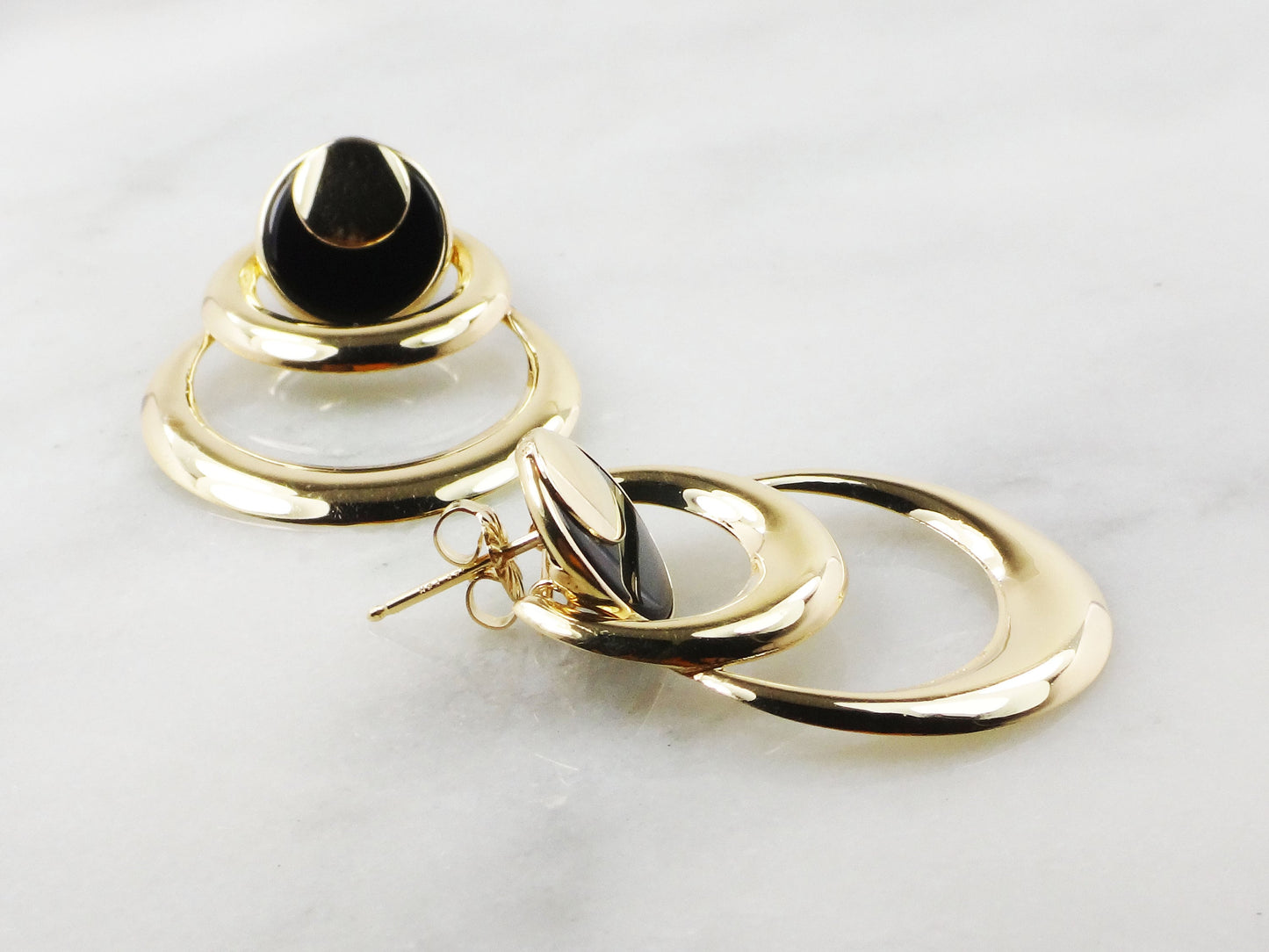 Large 14k Yellow Gold Circles and Onyx Dangle Earrings - Vintage Circa 1980's Fine Jewelry