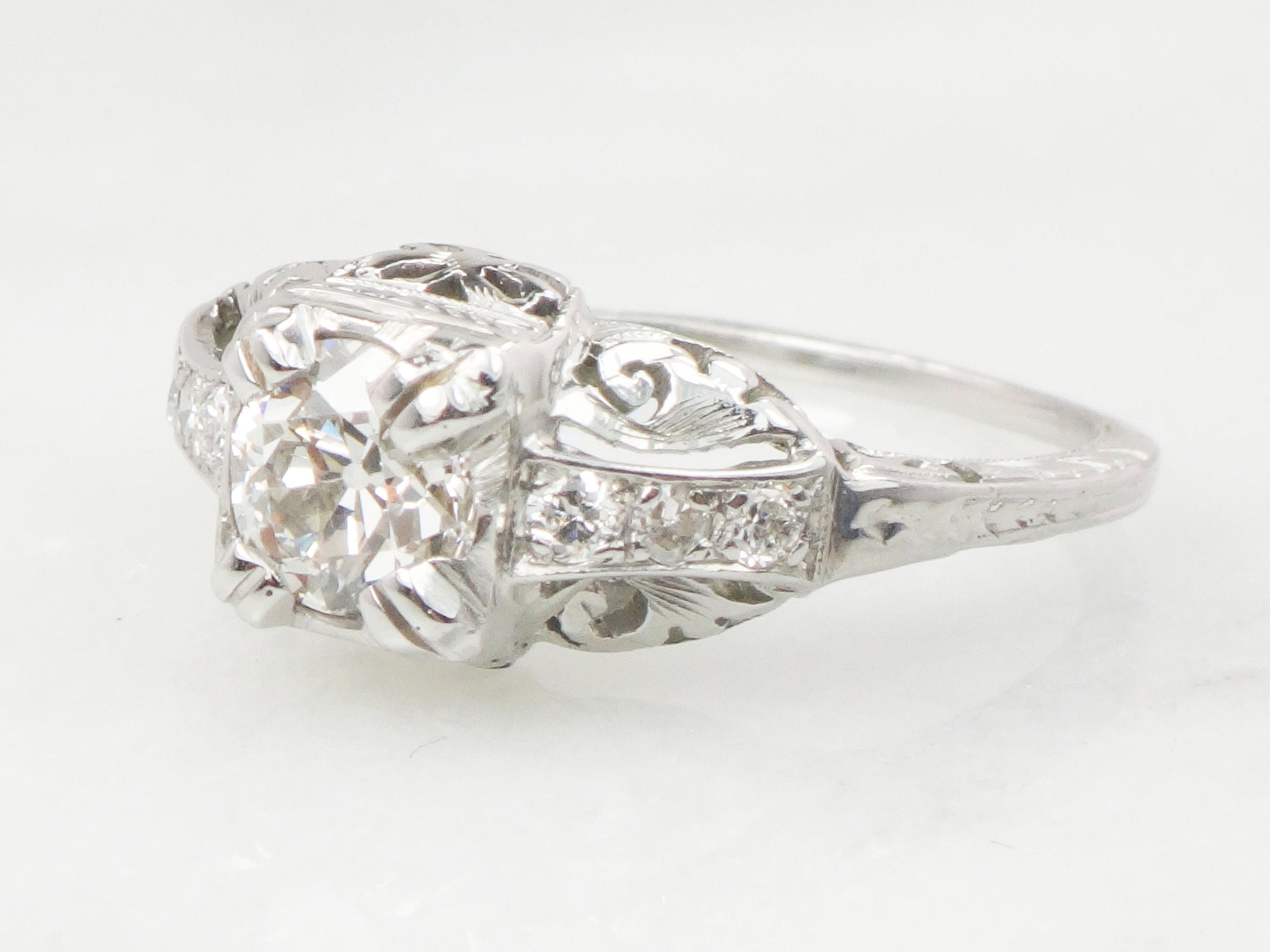 Art Deco Old European Cut Natural Diamond Engagement Ring Approx. .55 Carats - Antique 14k White Gold Diamond Ring
