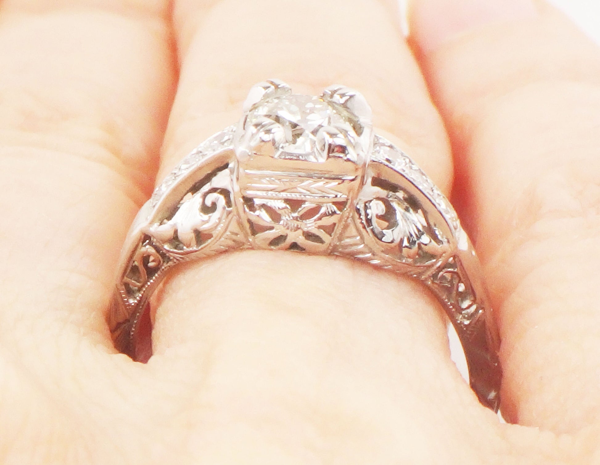 Art Deco Old European Cut Natural Diamond Engagement Ring Approx. .55 Carats - Antique 14k White Gold Diamond Ring