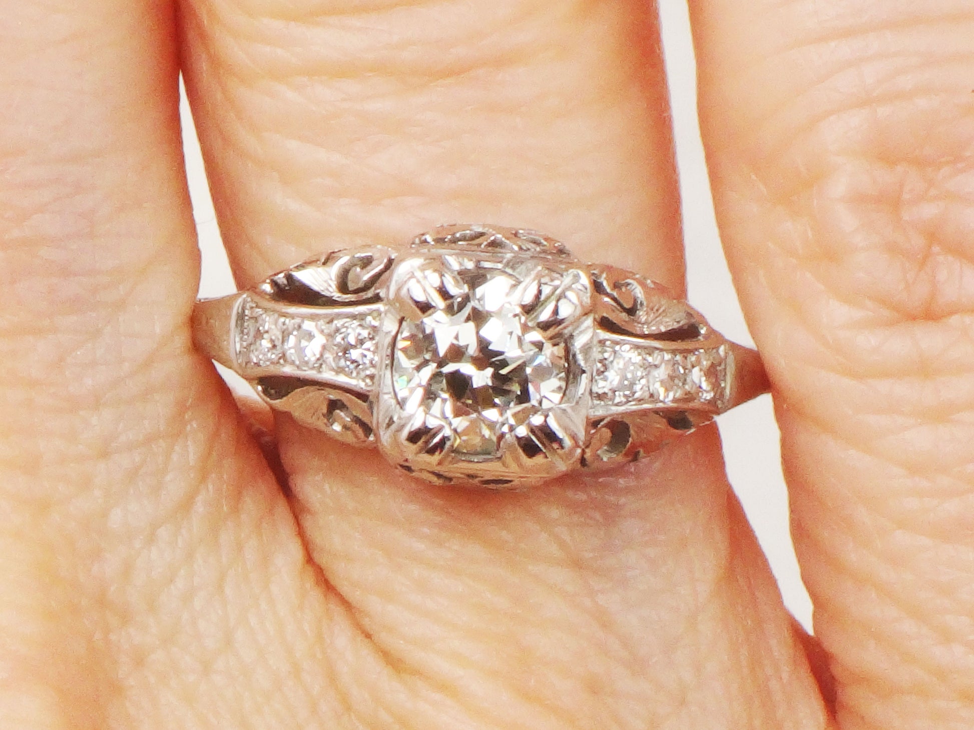 Art Deco Old European Cut Natural Diamond Engagement Ring Approx. .55 Carats - Antique 14k White Gold Diamond Ring