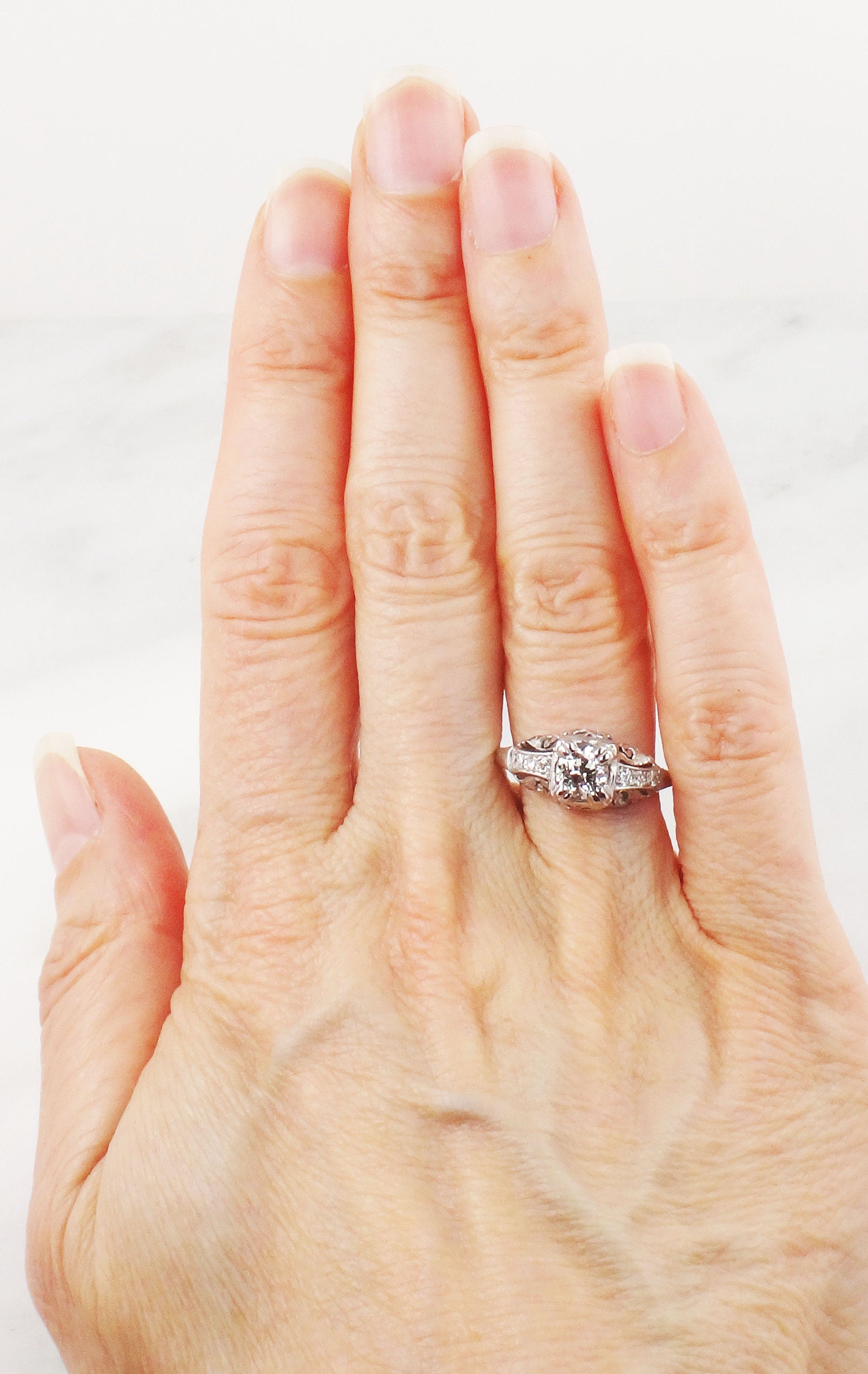 Art Deco Old European Cut Natural Diamond Engagement Ring Approx. .55 Carats - Antique 14k White Gold Diamond Ring