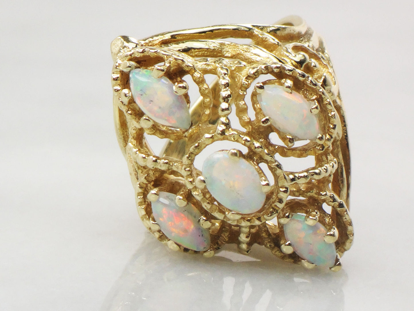 Vintage 14k Yellow Gold Natural Opal Cluster Ring October Birthstone Size 6