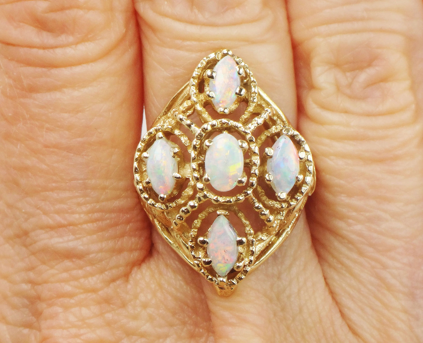 Vintage 14k Yellow Gold Natural Opal Cluster Ring October Birthstone Size 6