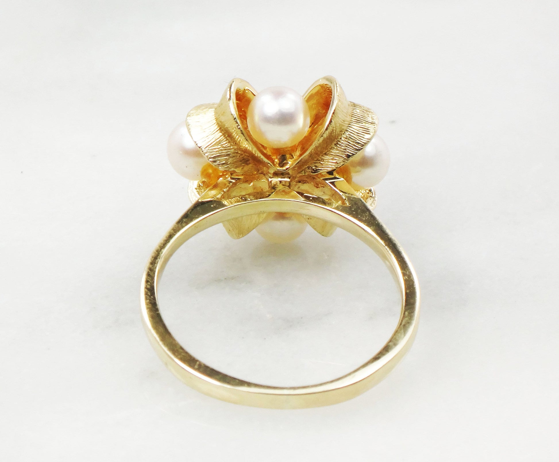 Vintage 14k Yellow Gold Pearl Diamond Ring: Bow Ribbon Design