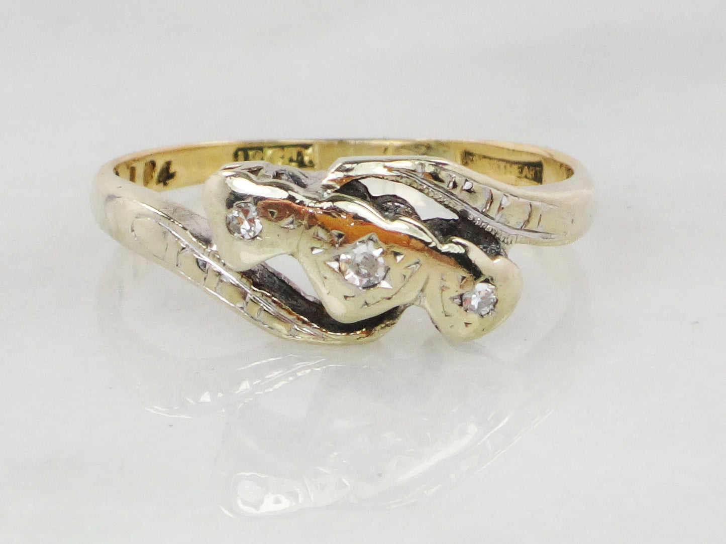 Vintage 18k Diamond Art Deco Ring: Triple Heart Promise Ring, Size 5.5