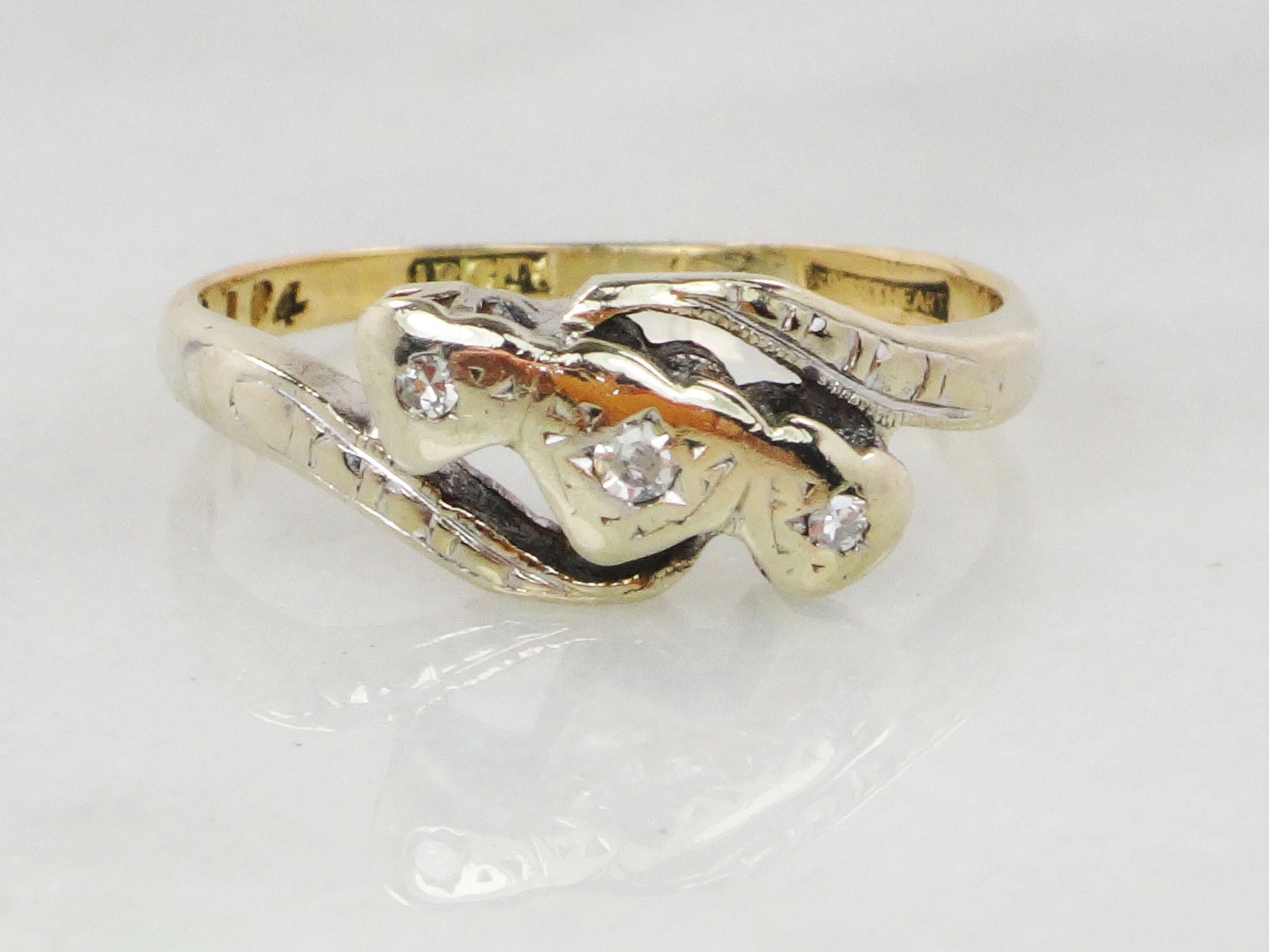 Vintage 18k Diamond Art Deco Ring: Triple Heart Promise Ring, Size 5.5