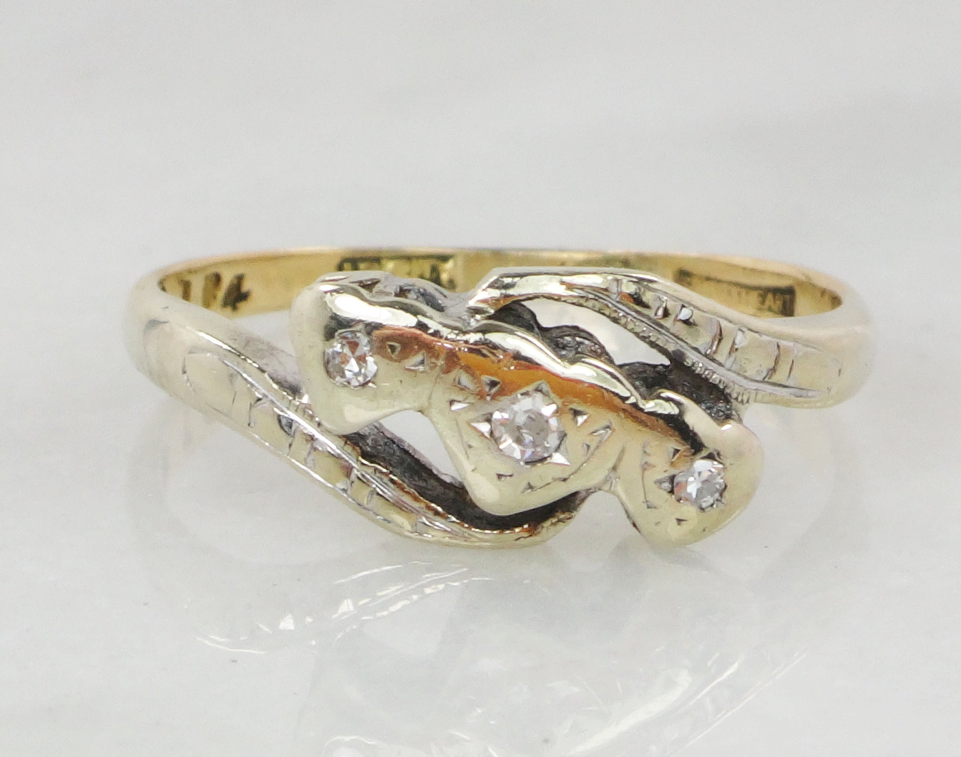 Vintage 18k Diamond Art Deco Ring: Triple Heart Promise Ring, Size 5.5