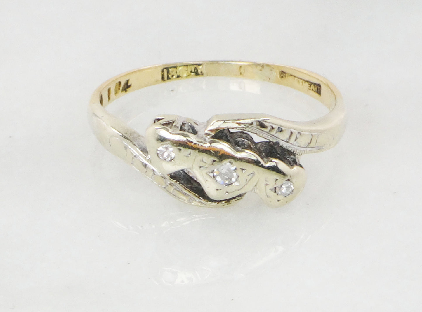 Vintage 18k Diamond Art Deco Ring: Triple Heart Promise Ring, Size 5.5