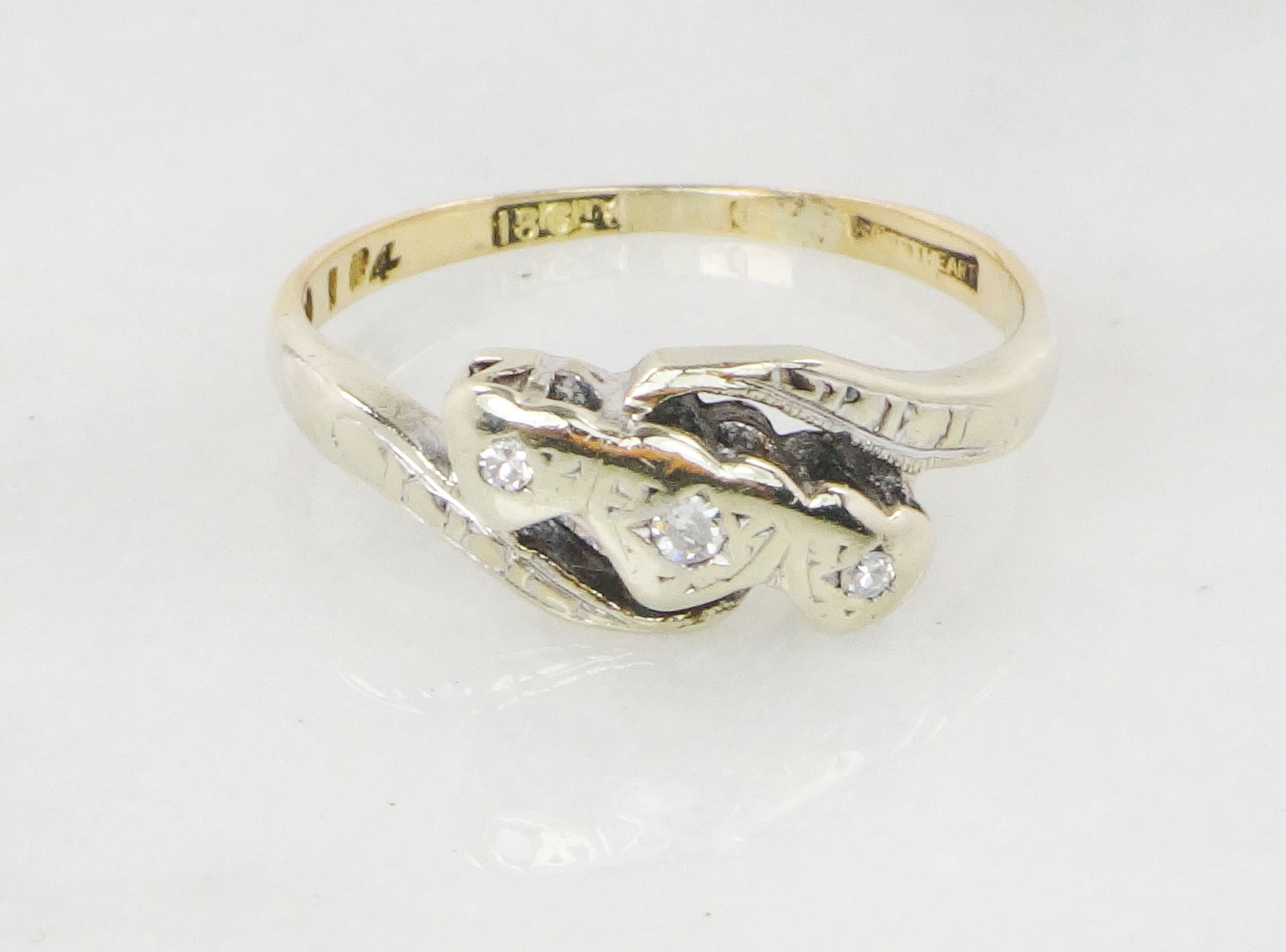 Vintage 18k Diamond Art Deco Ring: Triple Heart Promise Ring, Size 5.5
