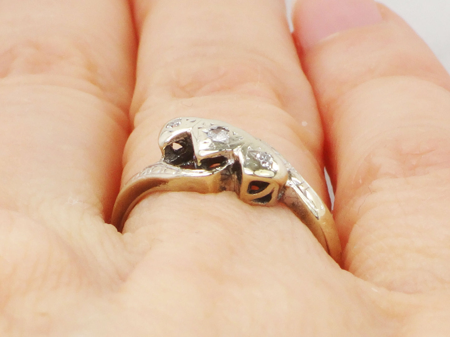 Vintage 18k Diamond Art Deco Ring: Triple Heart Promise Ring, Size 5.5