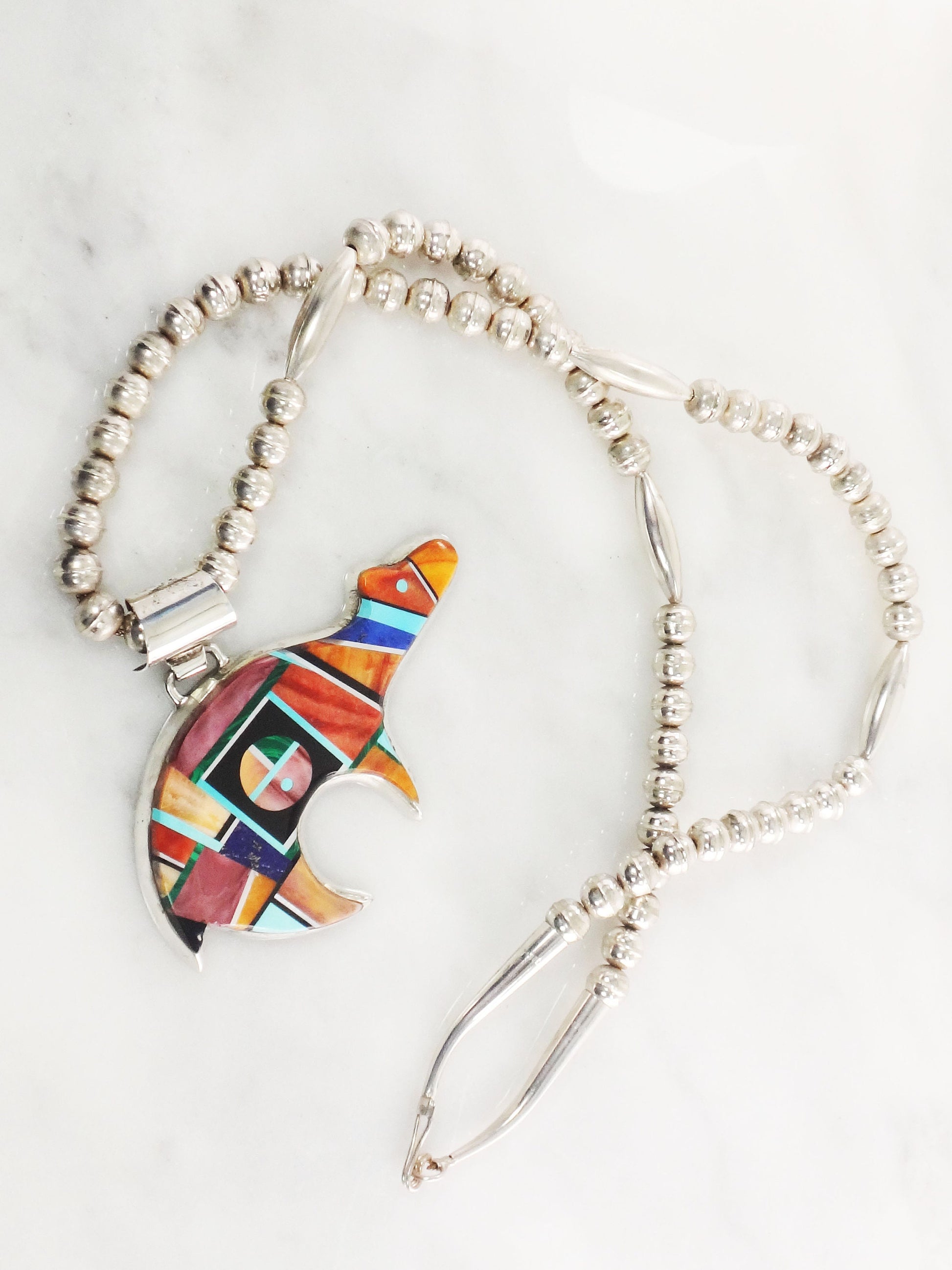 Alvin Yellowhorse Sterling Silver Bear Necklace Multi-Stone Inlaid Pendant and Silver Pearl Bead Chain