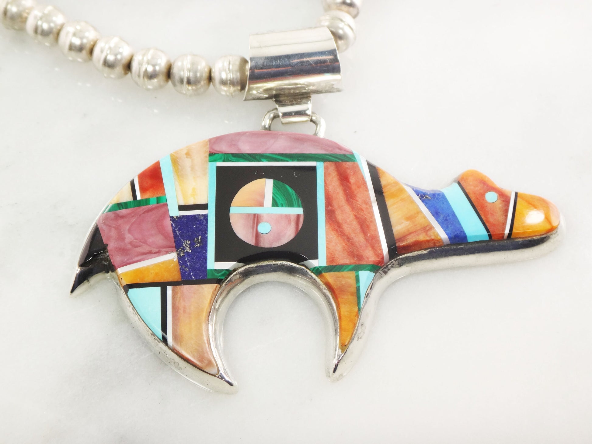 Alvin Yellowhorse Sterling Silver Bear Necklace Multi-Stone Inlaid Pendant and Silver Pearl Bead Chain