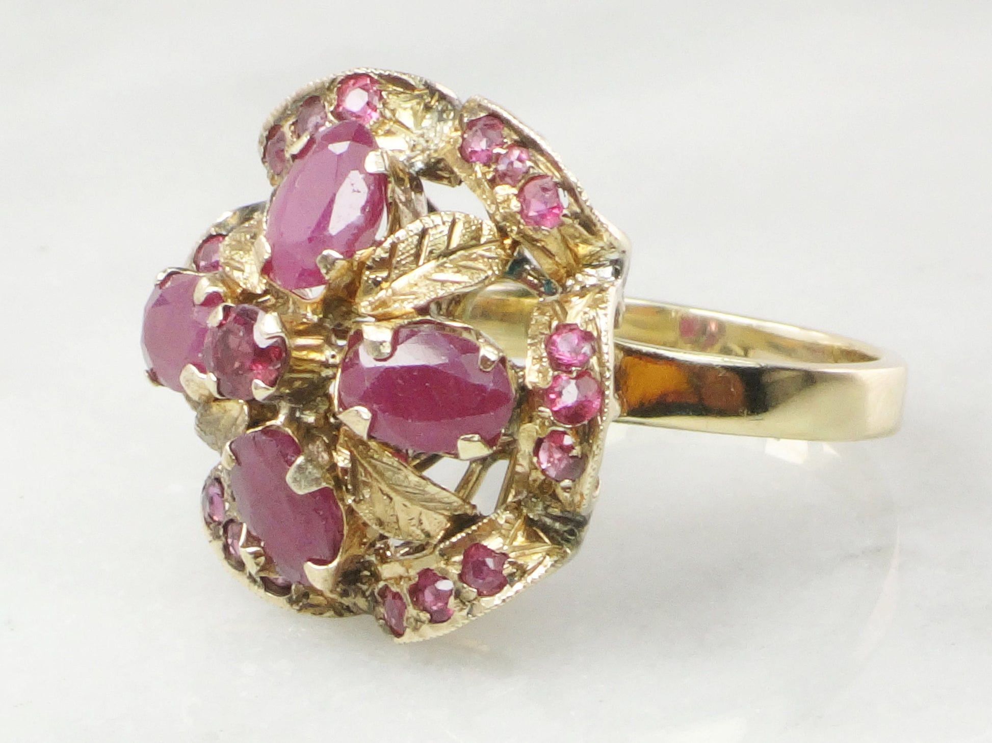 Vintage 14k Yellow Gold Ruby Ring: Floral, Red Spinel Accent Ring