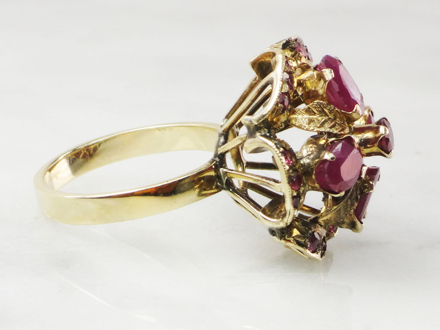 Vintage 14k Yellow Gold Ruby Ring: Floral, Red Spinel Accent Ring