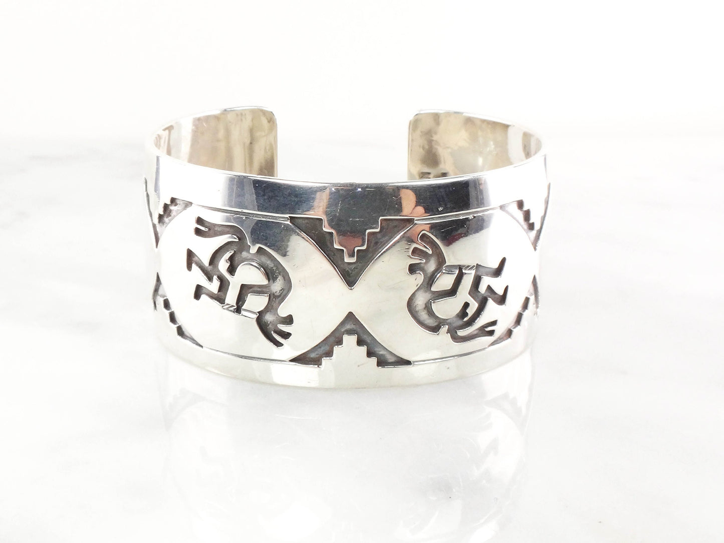 Vintage Sterling Silver Kokopelli Southwestern Cuff Bracelet Signed by Native American Designer Michael Tahe Wide Cuff