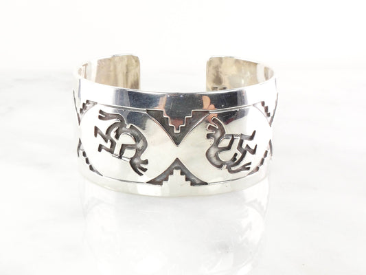 Vintage Sterling Silver Kokopelli Southwestern Cuff Bracelet Signed by Native American Designer Michael Tahe Wide Cuff