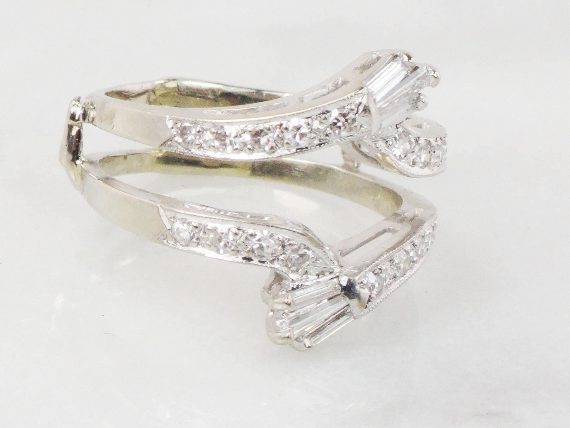 Vintage Freeman 14k White Gold Diamond Insert Ring: Baguette & Round Cut Wedding Band