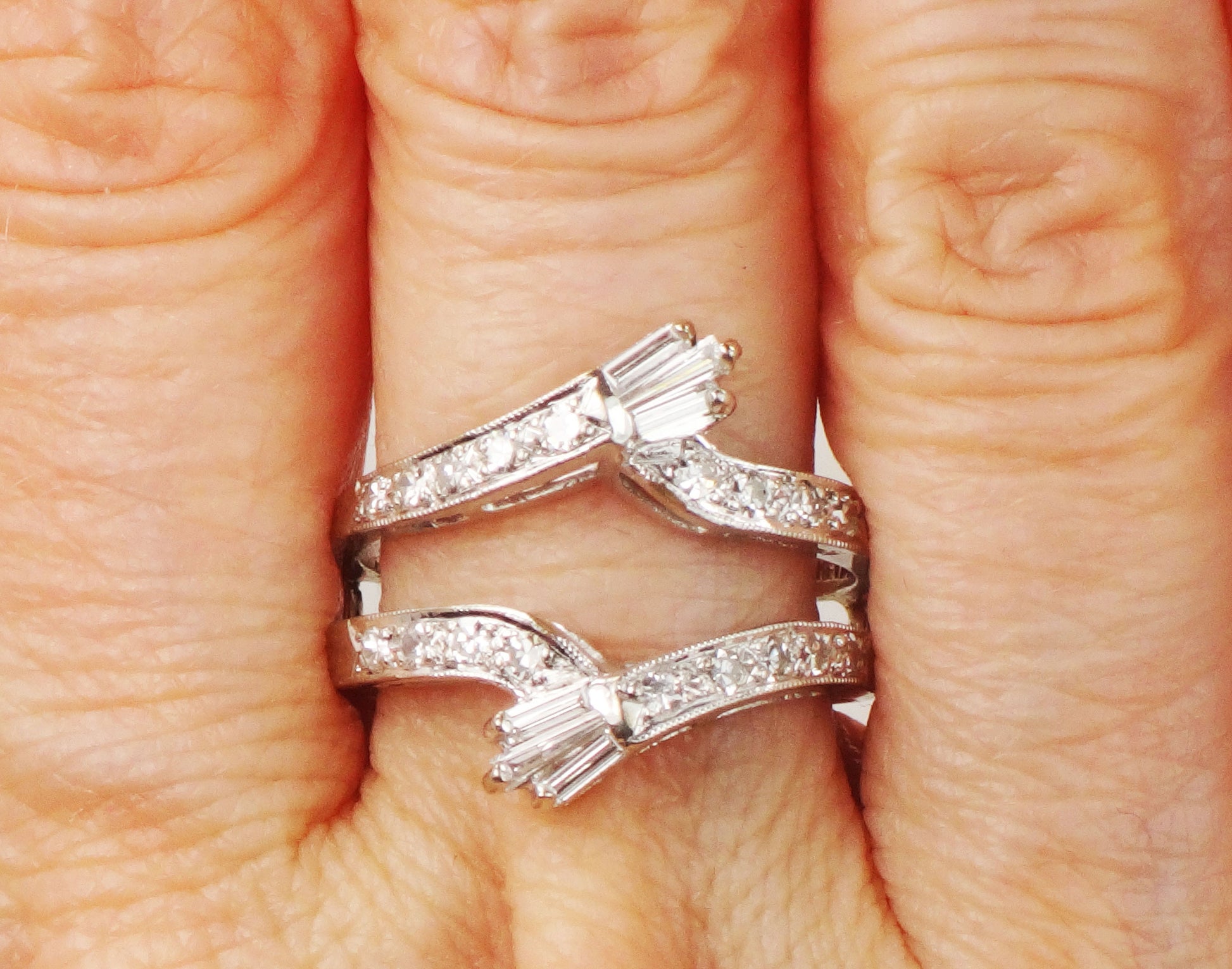 Vintage Freeman 14k White Gold Diamond Insert Ring: Baguette & Round Cut Wedding Band