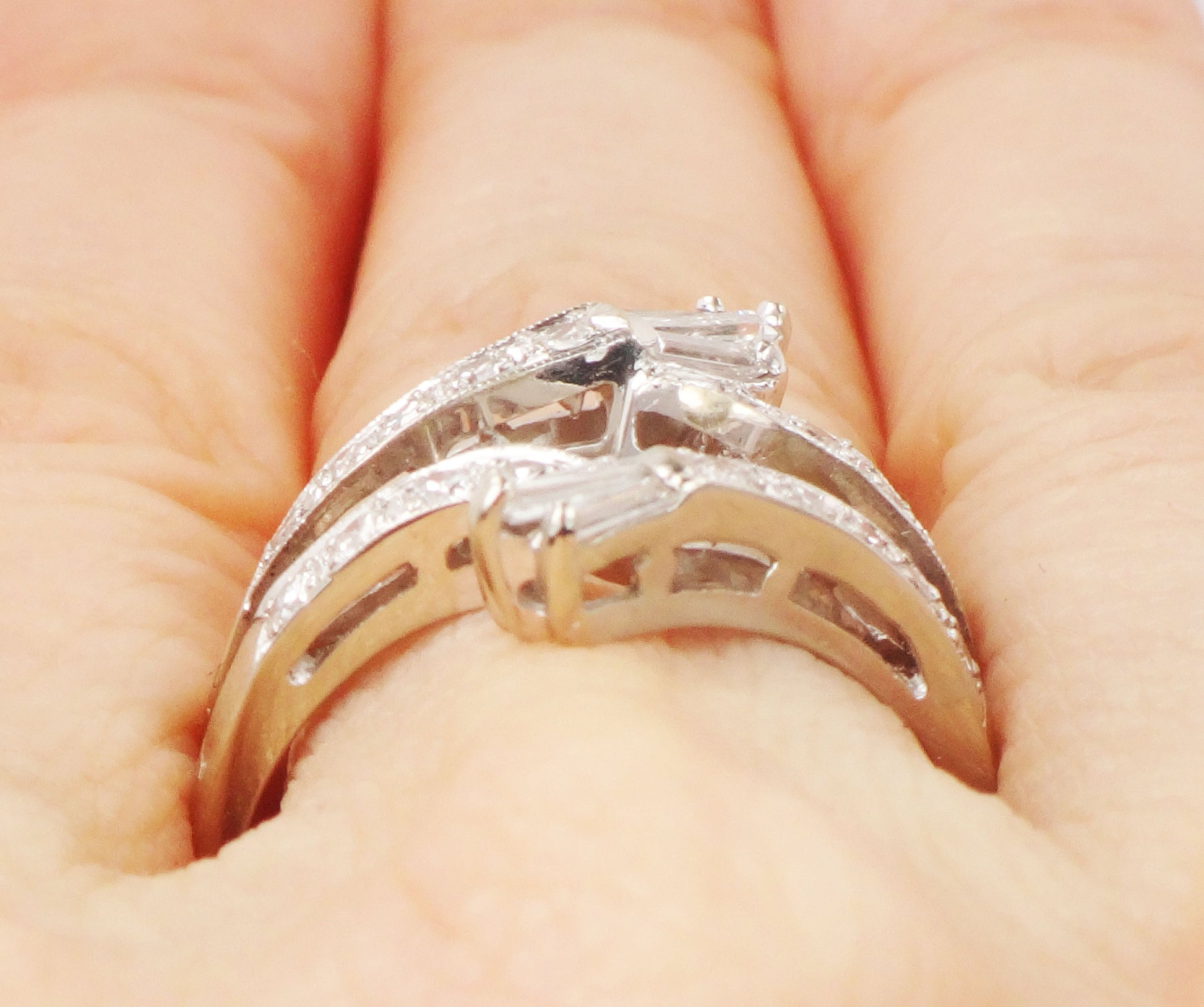 Vintage Freeman 14k White Gold Diamond Insert Ring: Baguette & Round Cut Wedding Band