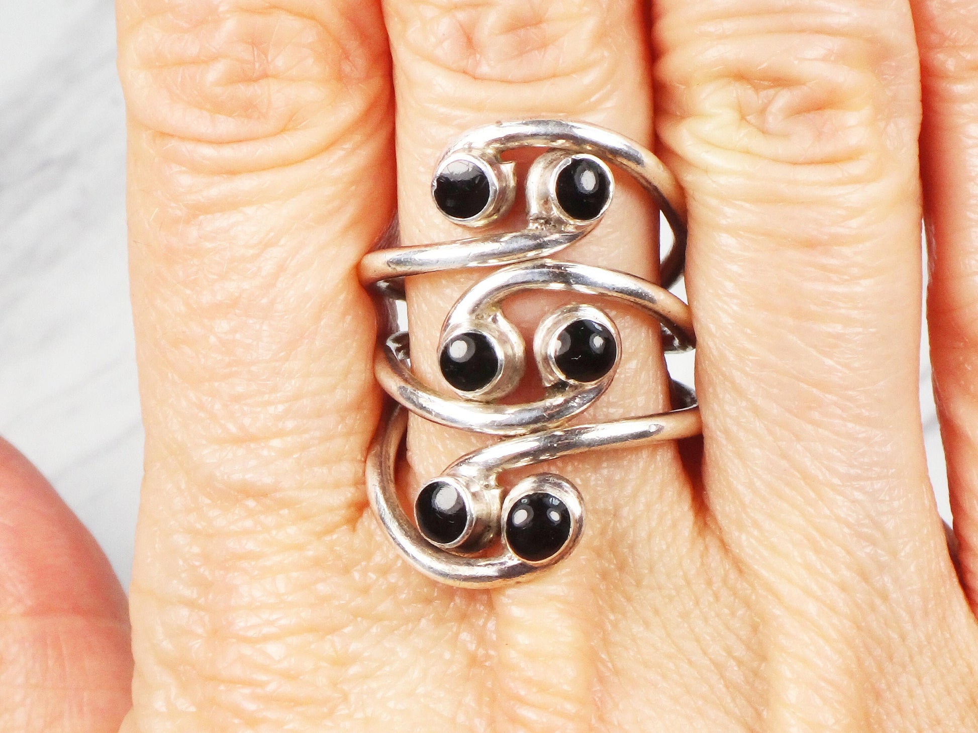 Vintage Sterling Silver Black Enamel Ring - Twisted Boho Style - Size 7