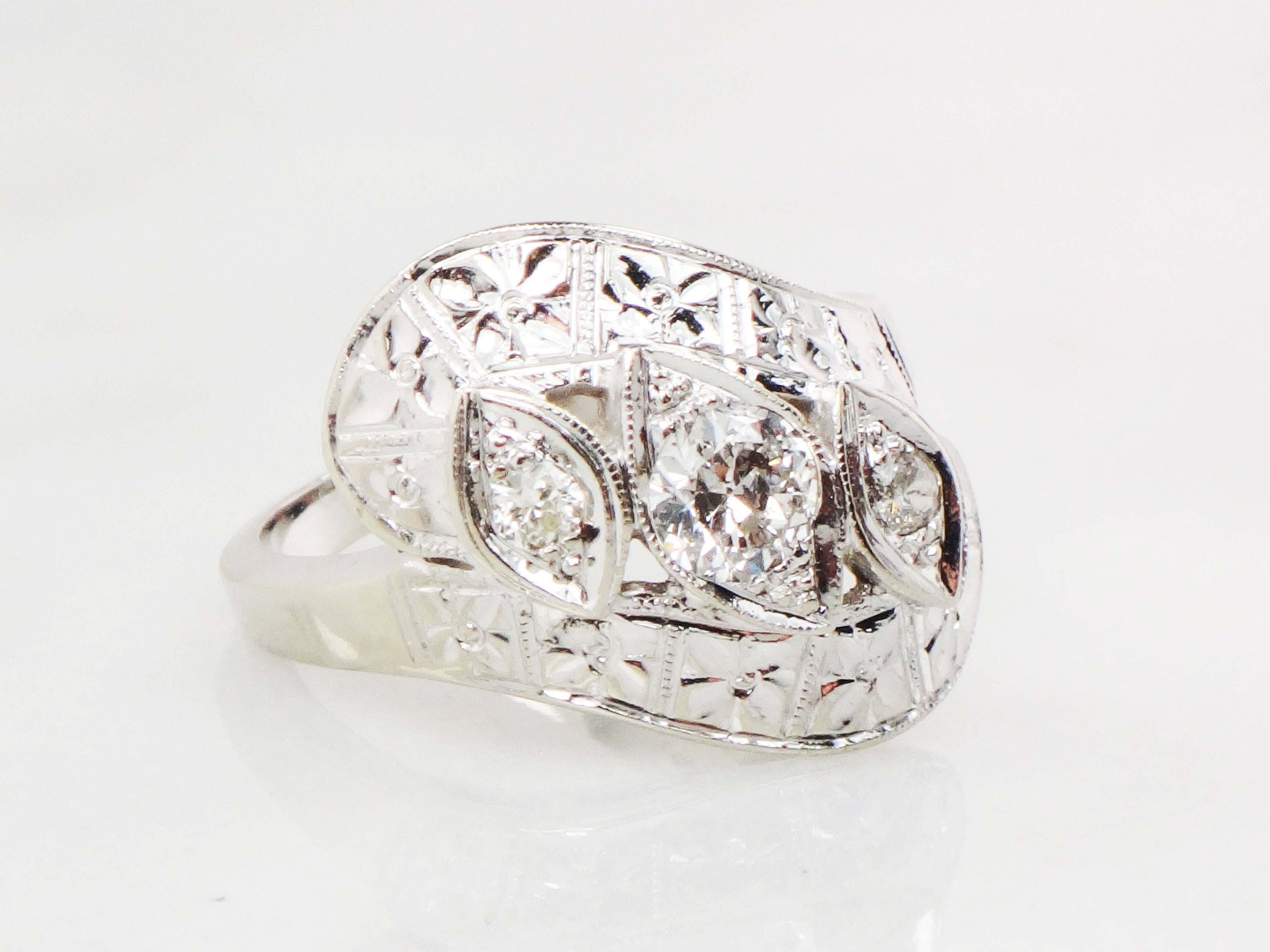 Vintage 14k White Gold Natural Diamond Orange Blossom Ring Circa 1940s Alternative Engagement Ring