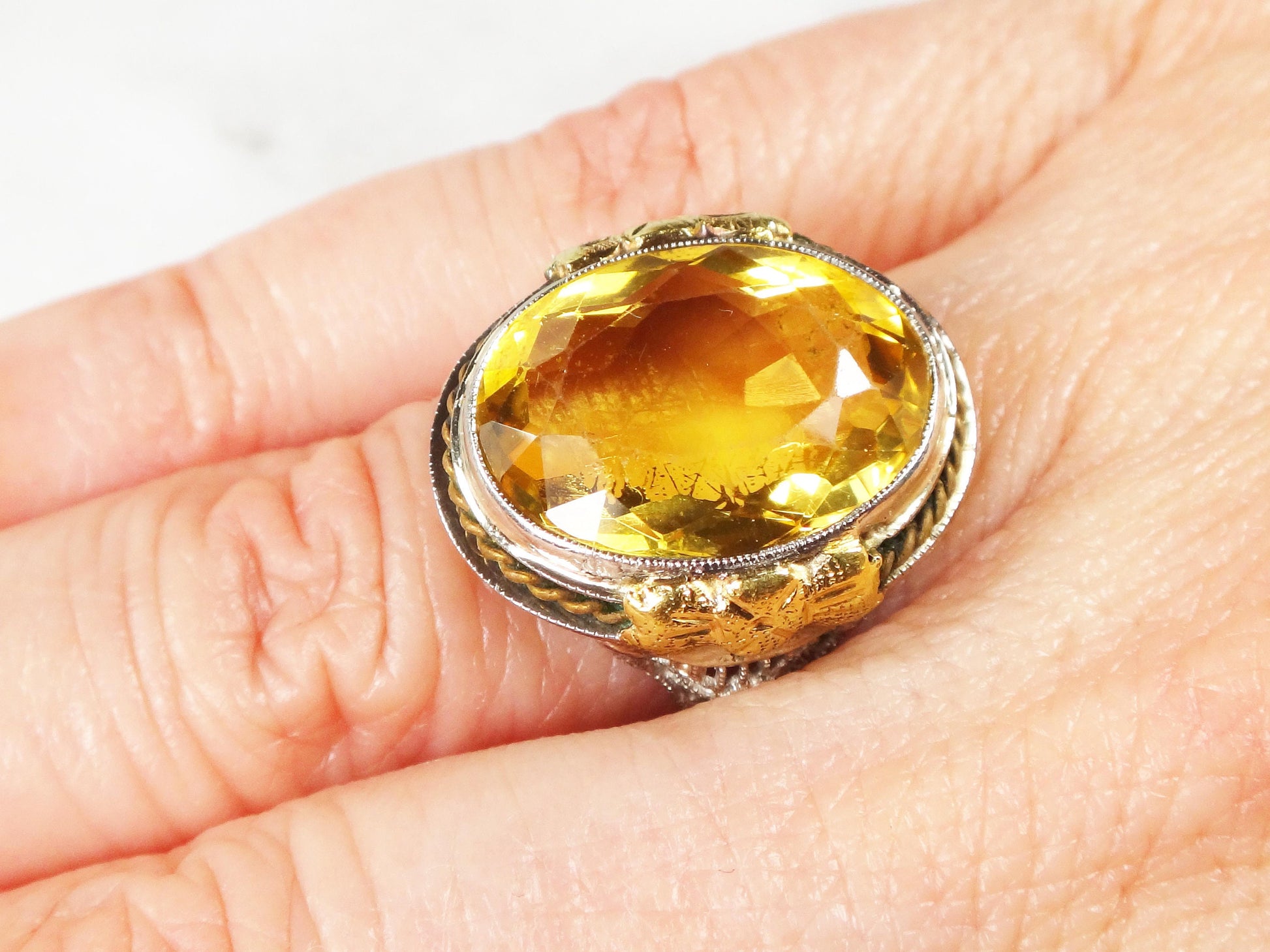 Vintage 14k White Gold Filigree Citrine Ring - 1930s Art Deco Floral Ring