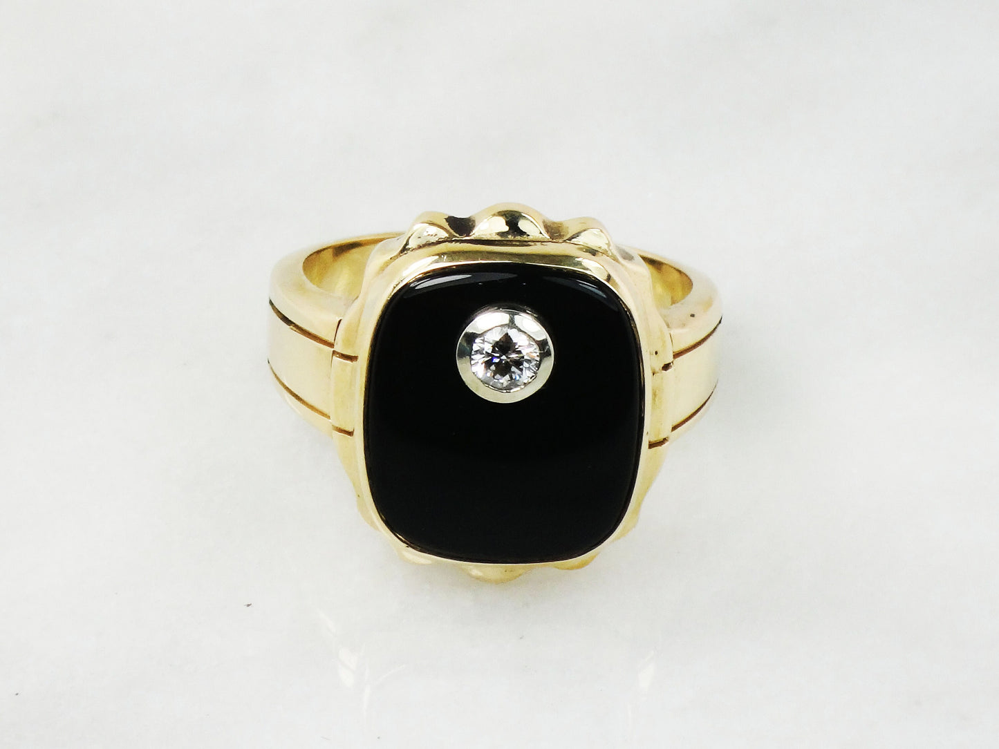 Vintage 10k Yellow Gold Natural Diamond and Black Onyx Ring Men's .20 CT Diamond Ring Size 10 3/4